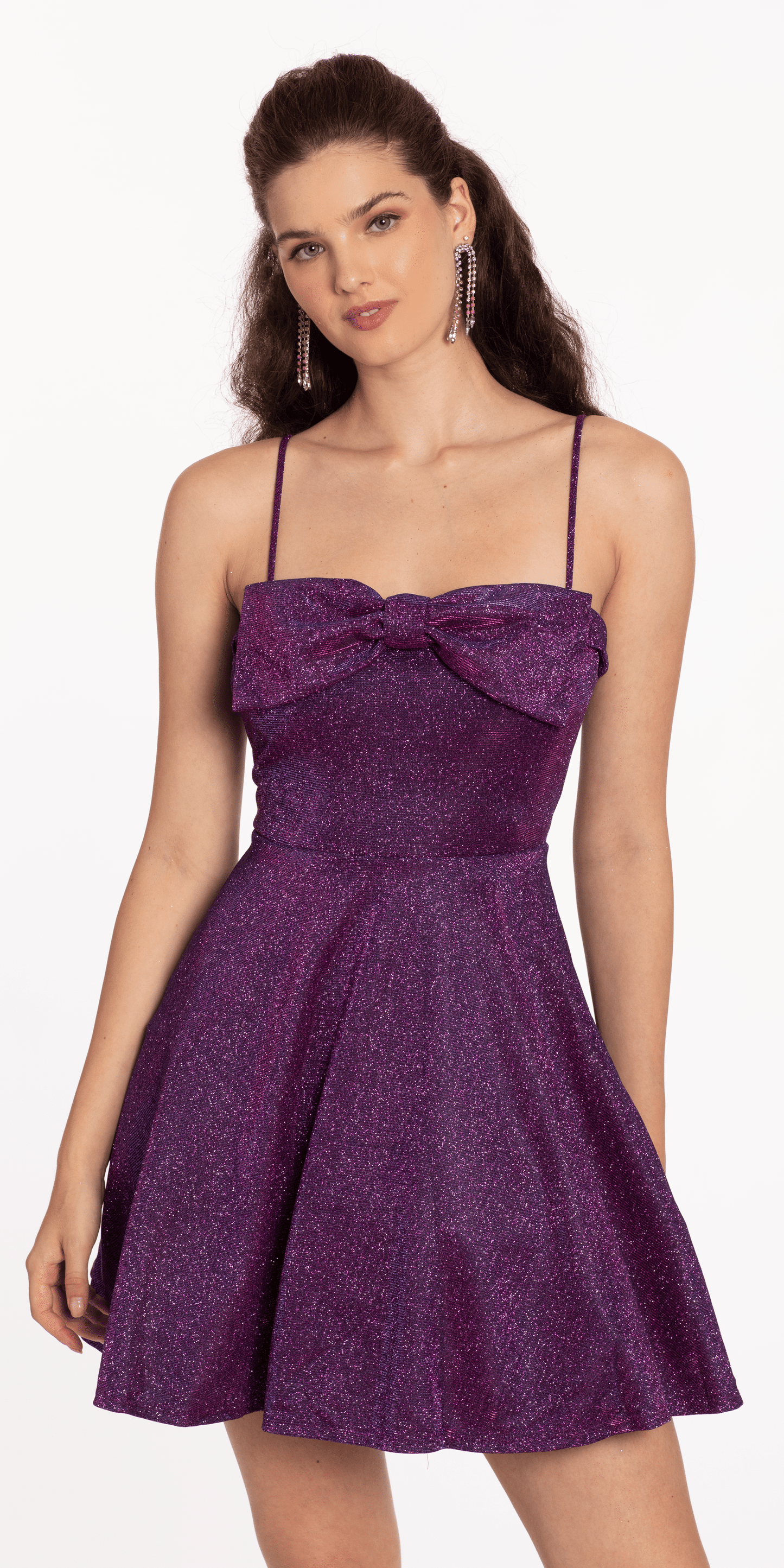 grape Size 6 missy Camille La Vie Bow Front Glitter Fit and Flare Dress