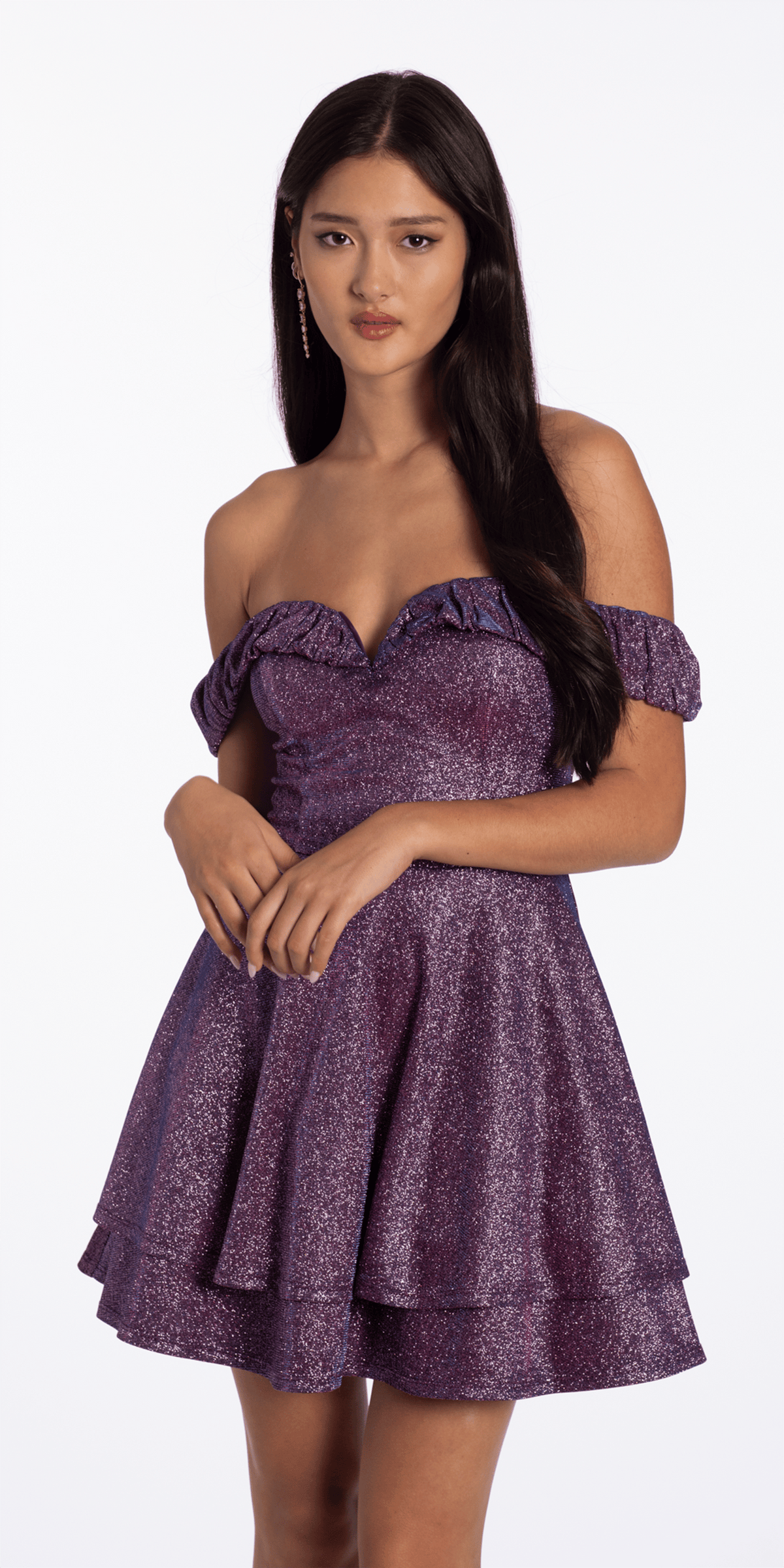 Camille La Vie Glitter Metallic Off the Shoulder Tiered Fit and Flare Dress