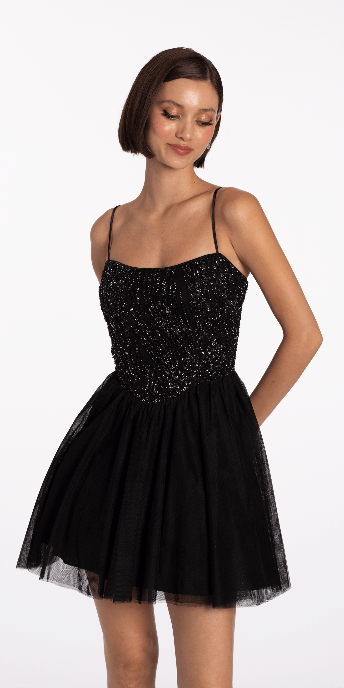 Camille La Vie /Beaded Mesh Corset Lace Up Back Fit and Flare Dress/junior/xs/black /front