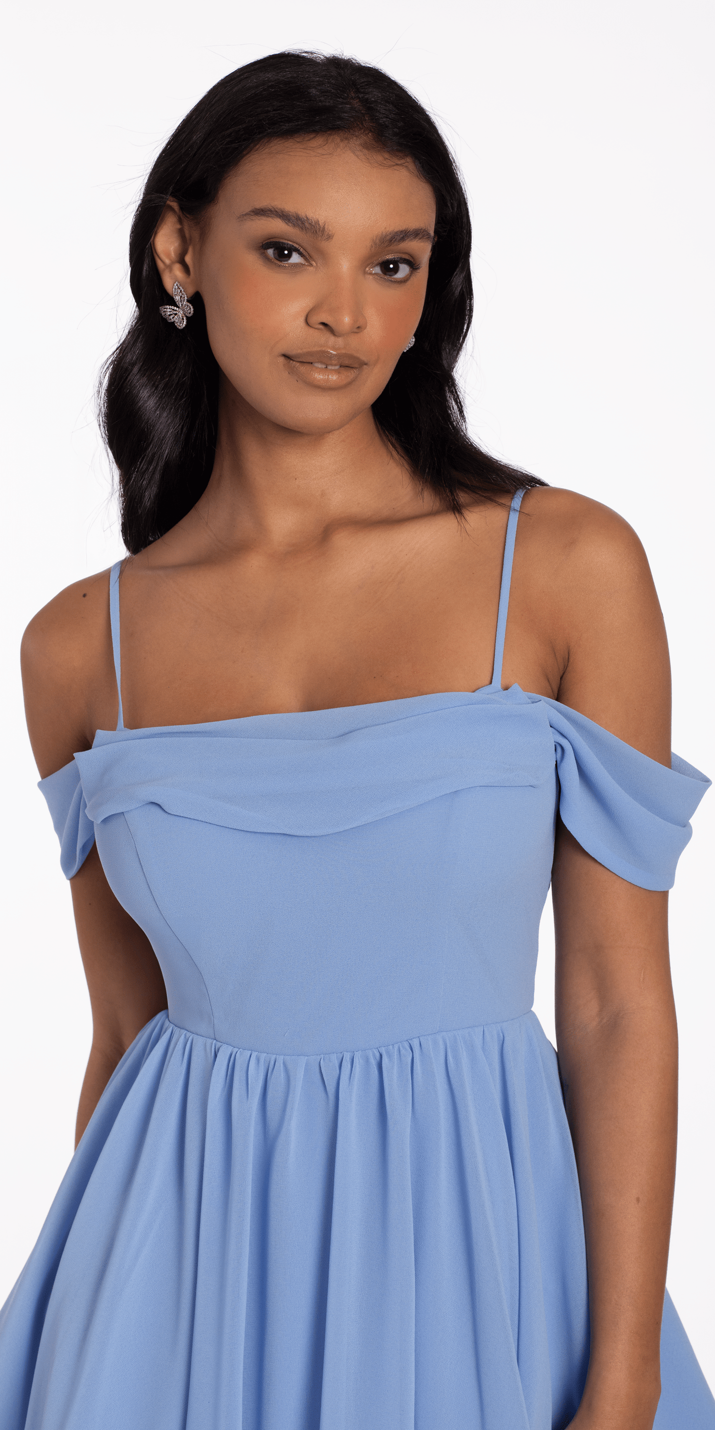 Camille La Vie Chiffon Off the Shoulder Drape Front Fit and Flare Dress