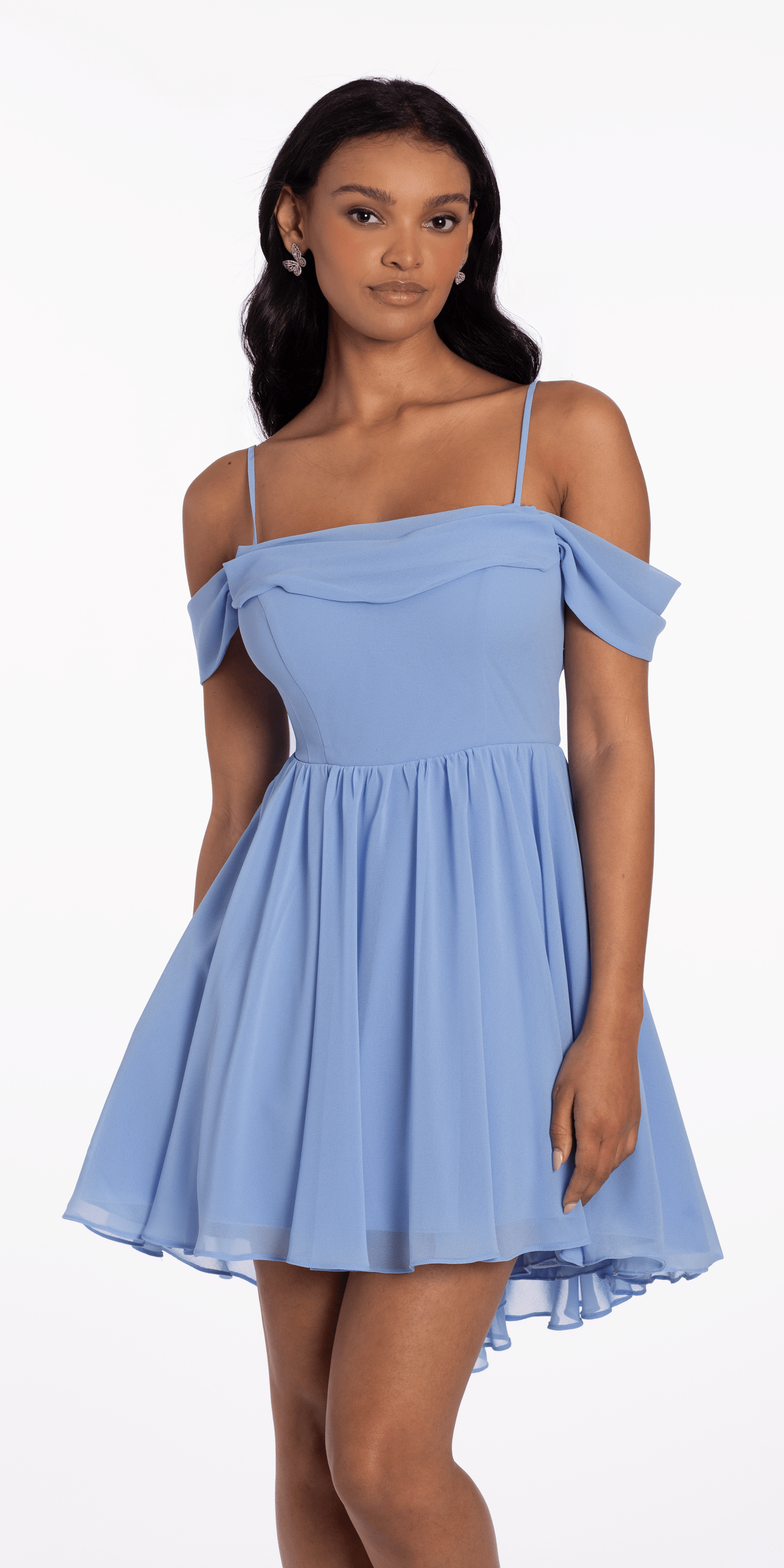 Camille La Vie Chiffon Off the Shoulder Drape Front Fit and Flare Dress