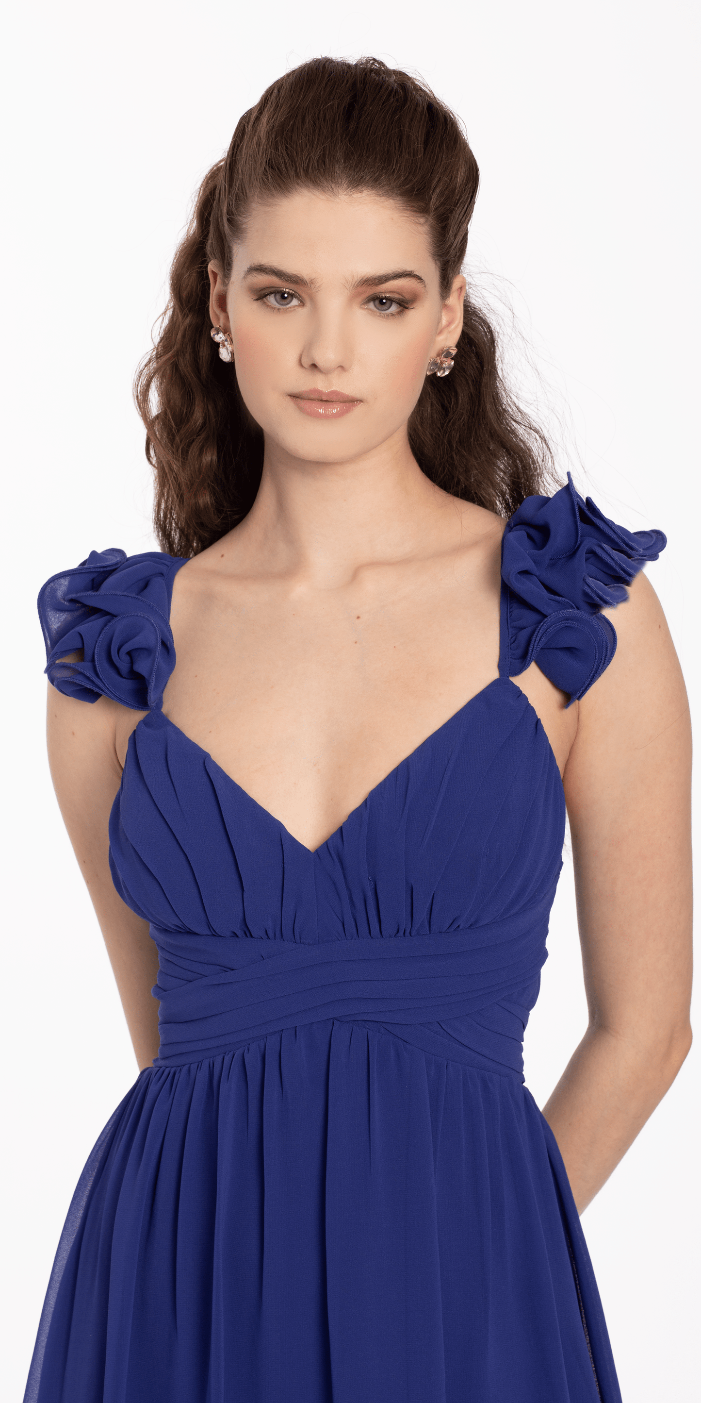 royal-blue Size 4 missy Camille La Vie Chiffon Ruffle Shoulder High Low Dress