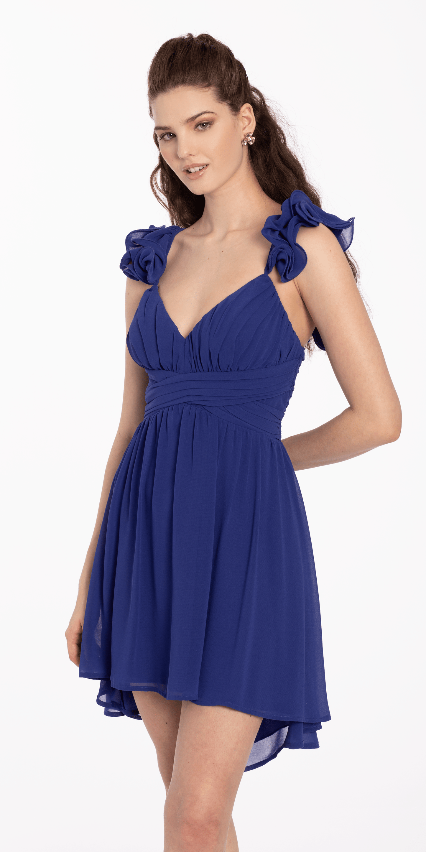 royal-blue Size 4 missy Camille La Vie Chiffon Ruffle Shoulder High Low Dress
