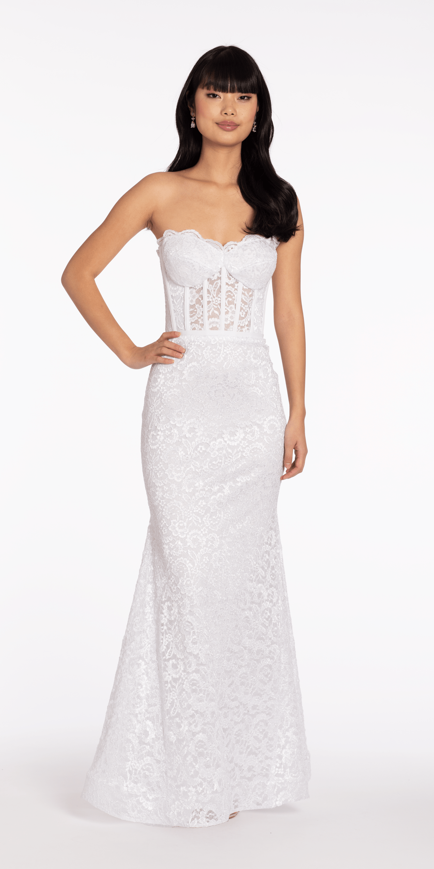 white Size 0 missy Camille La Vie Sweetheart Glitter Floral Lace Corset Trumpet Dress