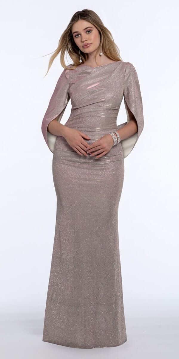 Betsy & Adam Petite Cape-Back Metallic Gown - White Pink Gold