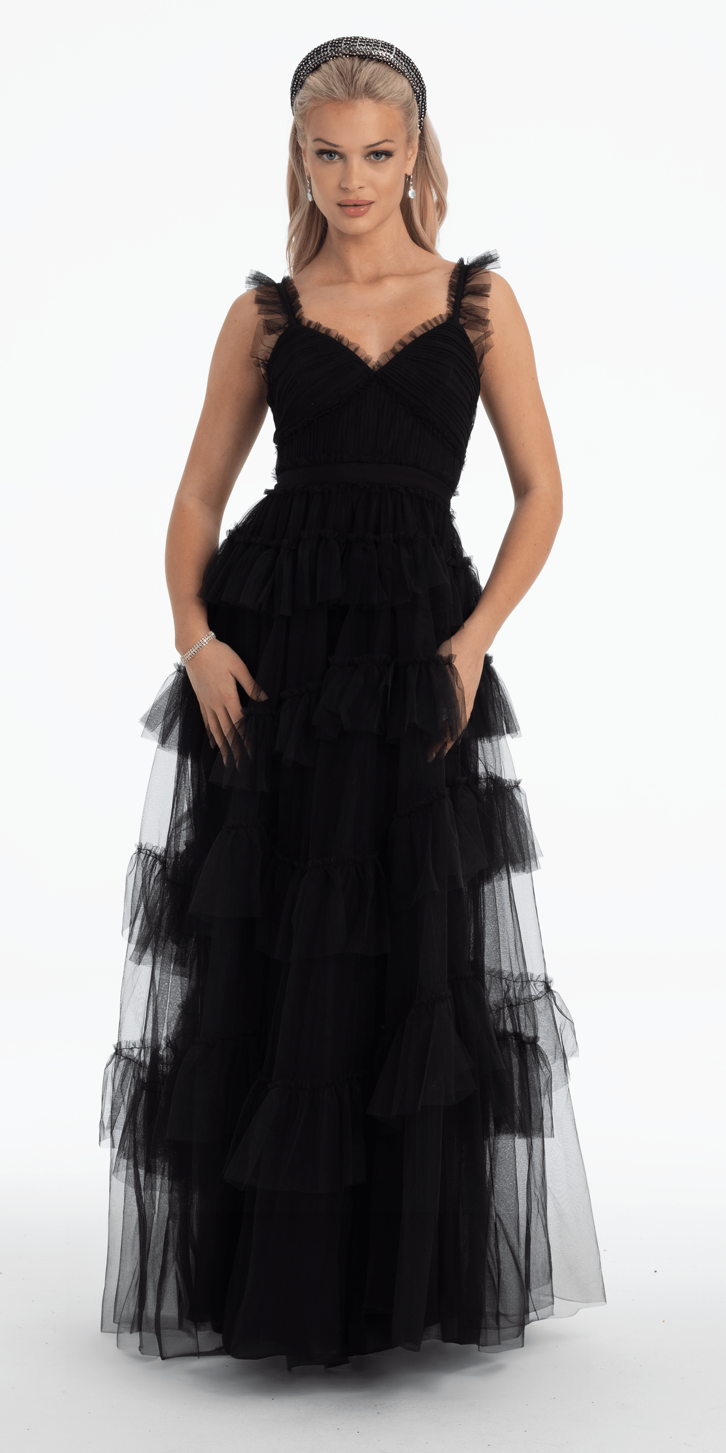 black/ Size 0/ missy/ Camille La Vie/ Multi Tiered Tulle Ballgown with Satin Waist Accent/Front 1