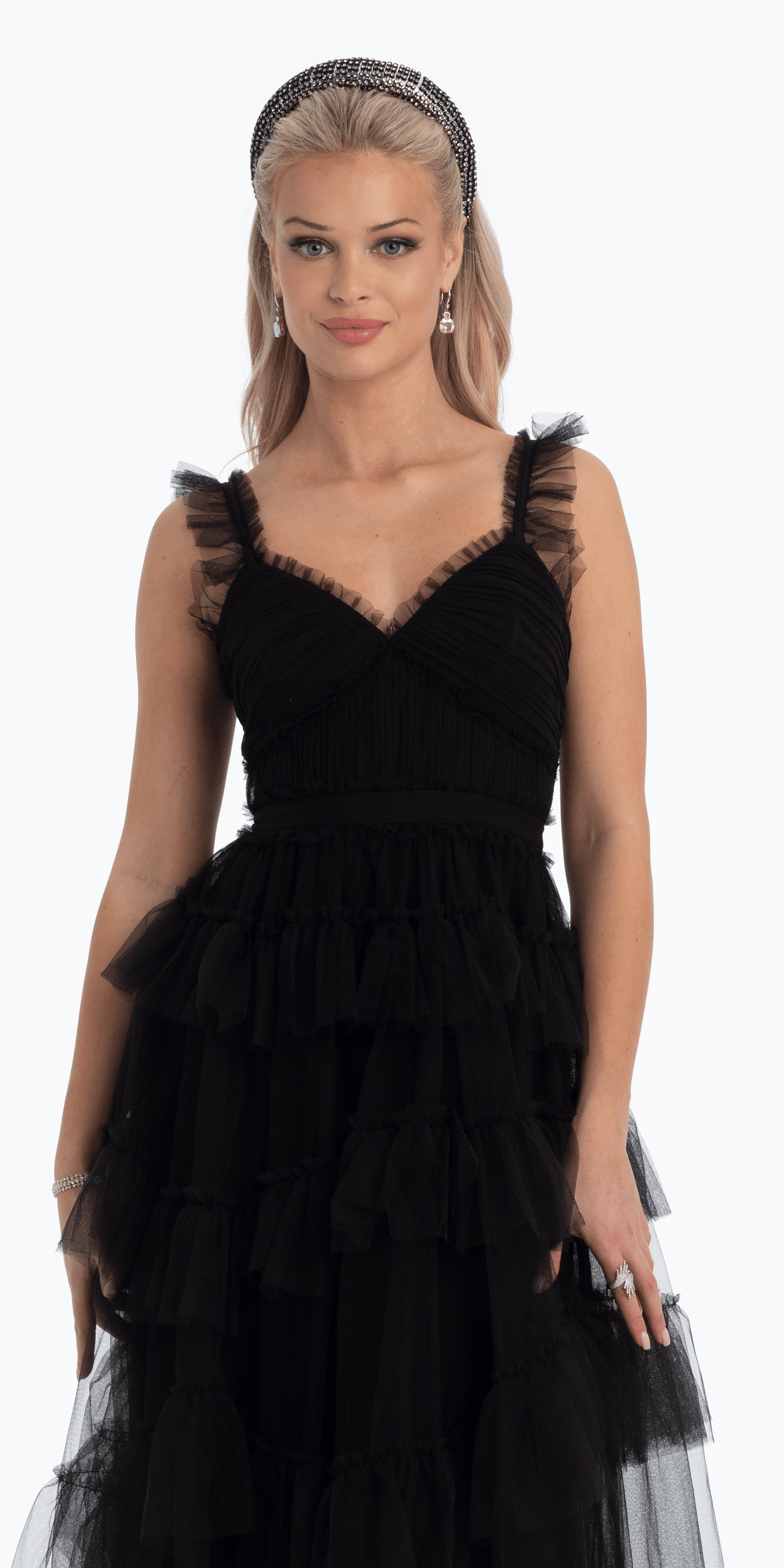 Black/Size 4/Missy/Camille La Vie /Multi Tiered Tulle Ballgown with Satin Waist Accent/Front Alt1
