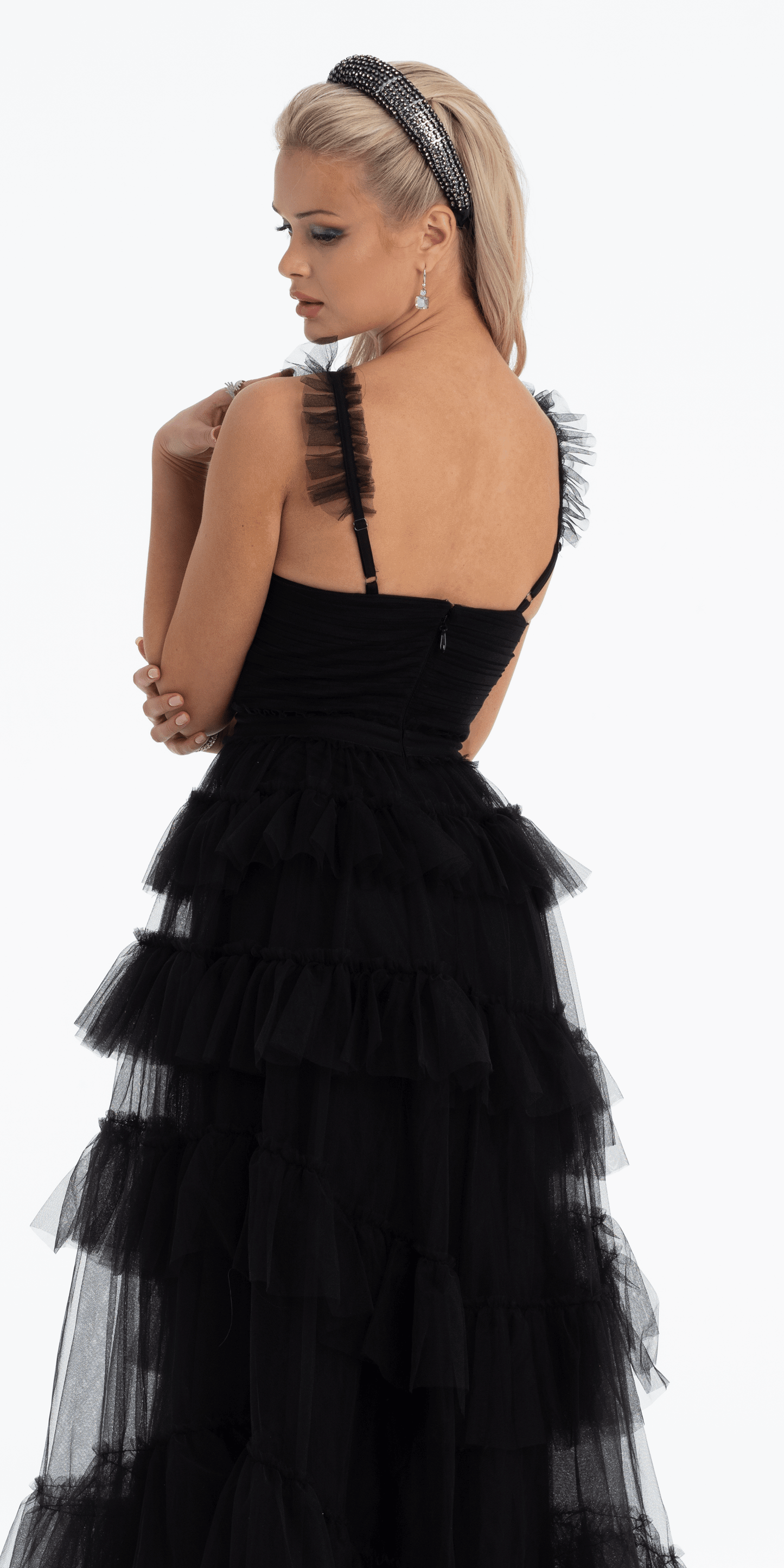 black/size/6missy/Camille La Vie/Multi Tiered Tulle Ballgown with Satin Waist Accent/back