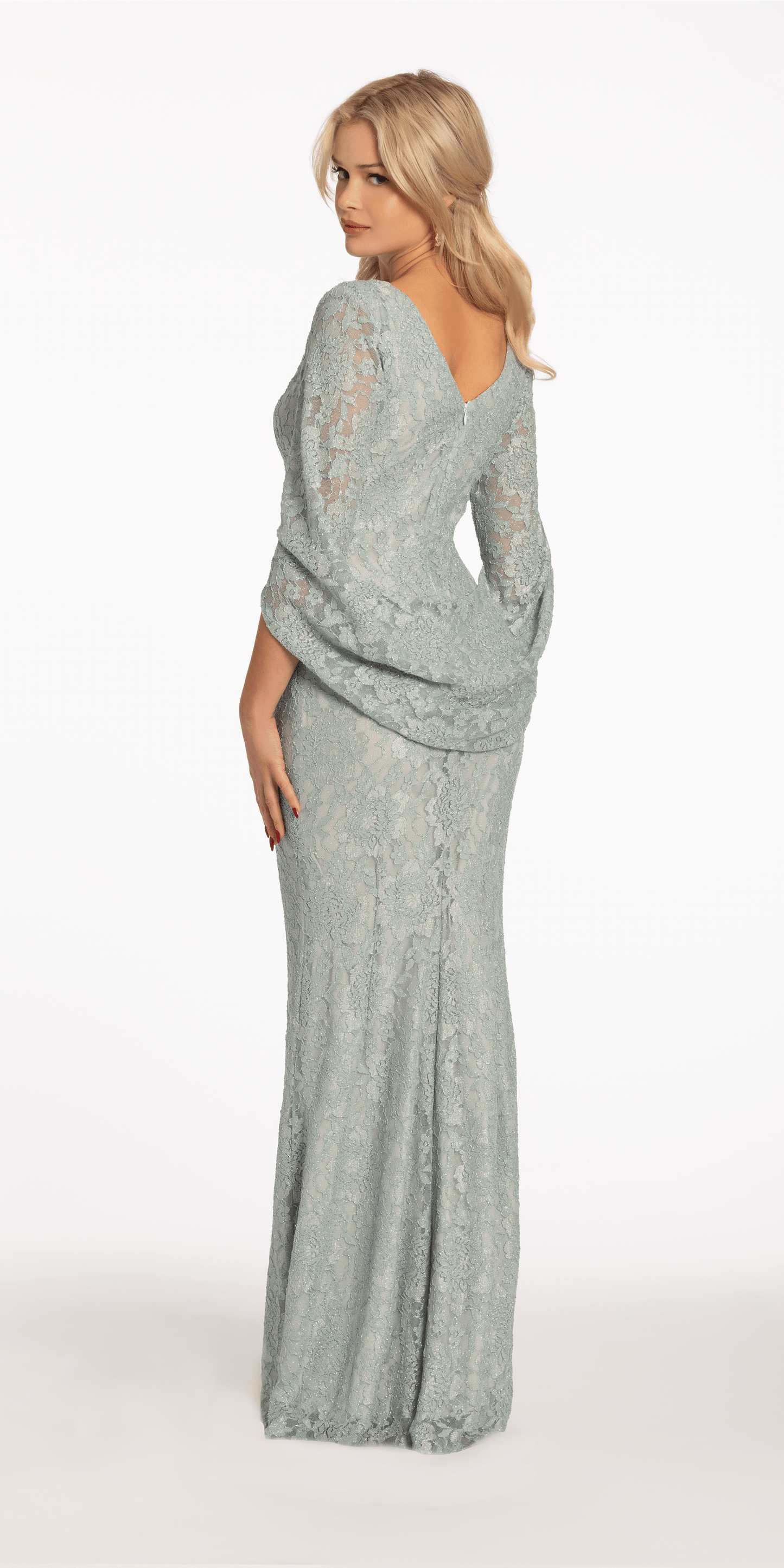 sage Size 2 missy Camille La Vie Boat Neck Glitter Lace Column Dress with Drape Back