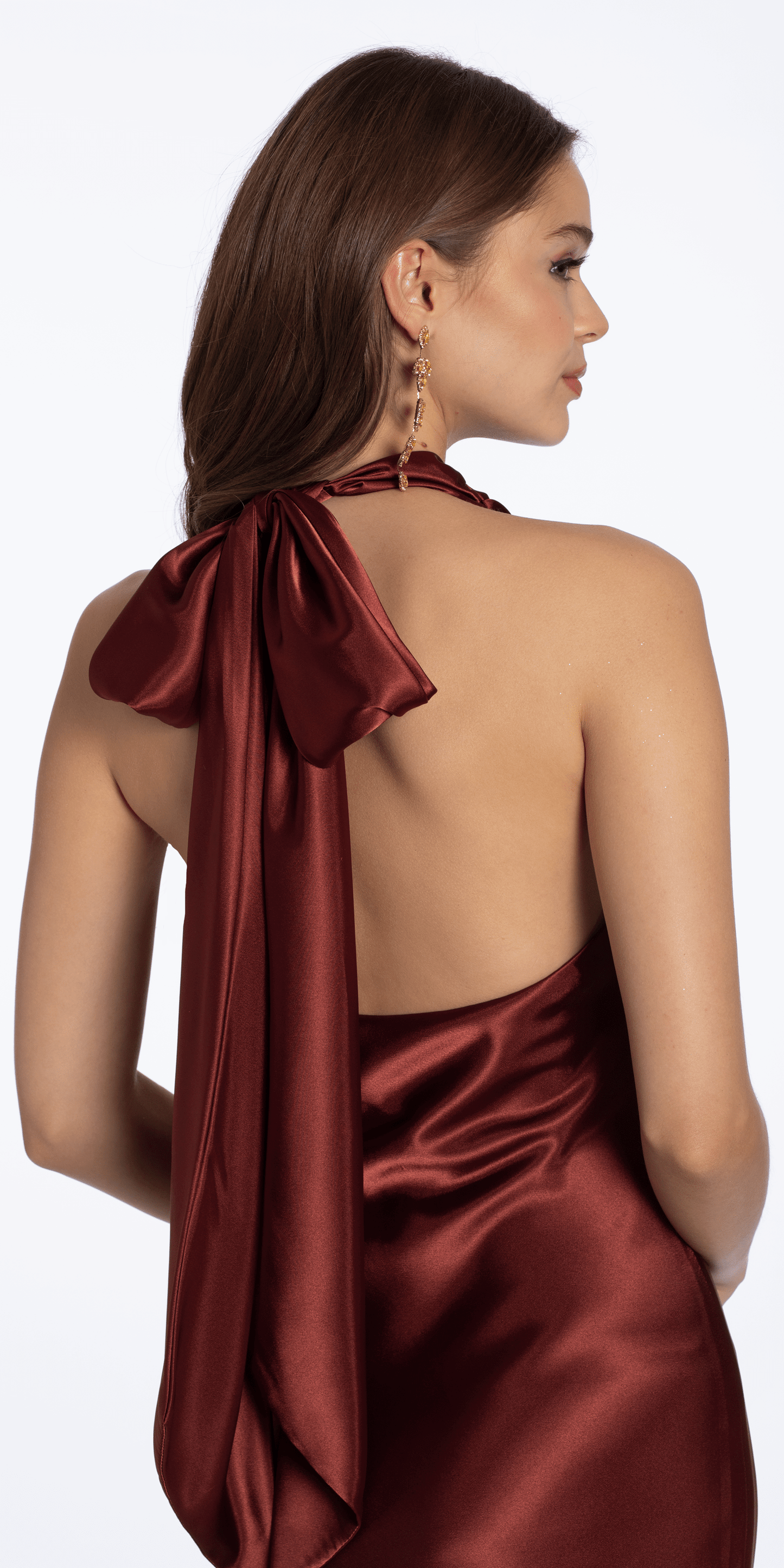 Camille La Vie /Satin Tie Back Halter Column Dress/ missy/ size/4/ cinnamon/ back