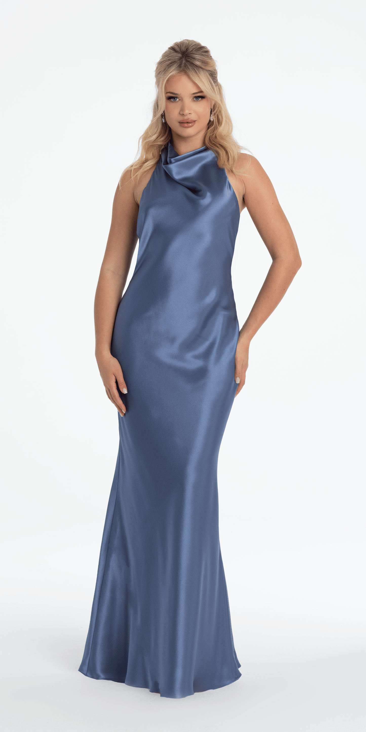 Camille La Vie /Satin Tie Back Halter Column Dress/ missy/ size/4/ dusty blue/ front alt