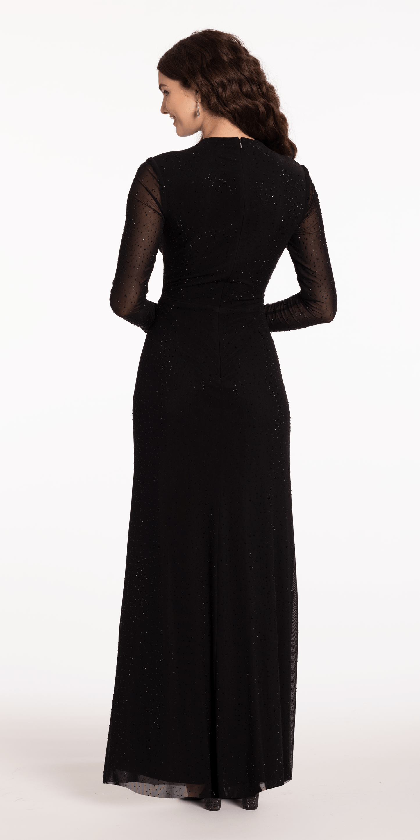 black Size 6 missy Camille La Vie Long Sleeve Mesh Illusion Column Dress with Heat Set Stones