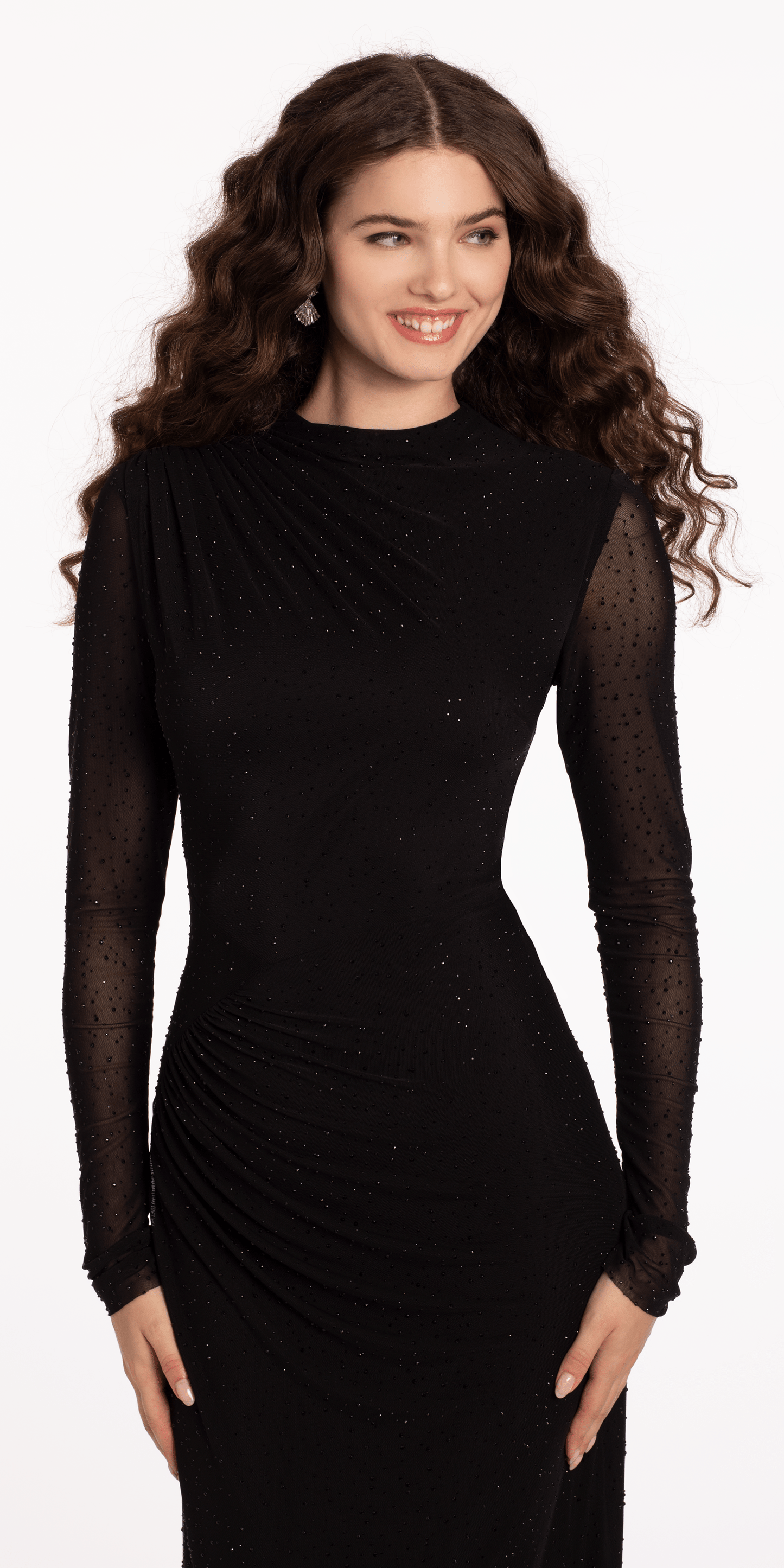 black Size 6 missy Camille La Vie Long Sleeve Mesh Illusion Column Dress with Heat Set Stones