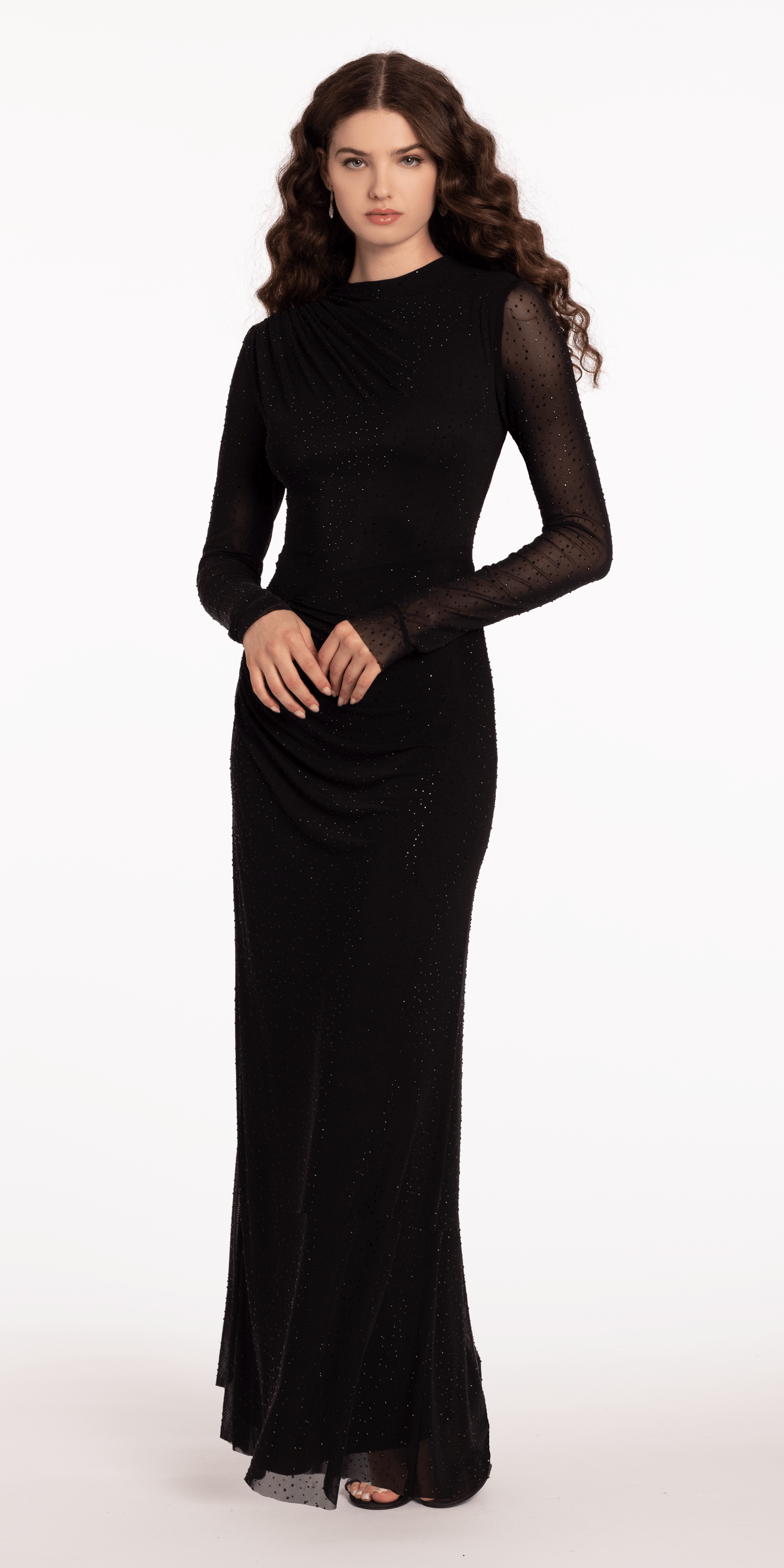 black Size 6 missy Camille La Vie Long Sleeve Mesh Illusion Column Dress with Heat Set Stones