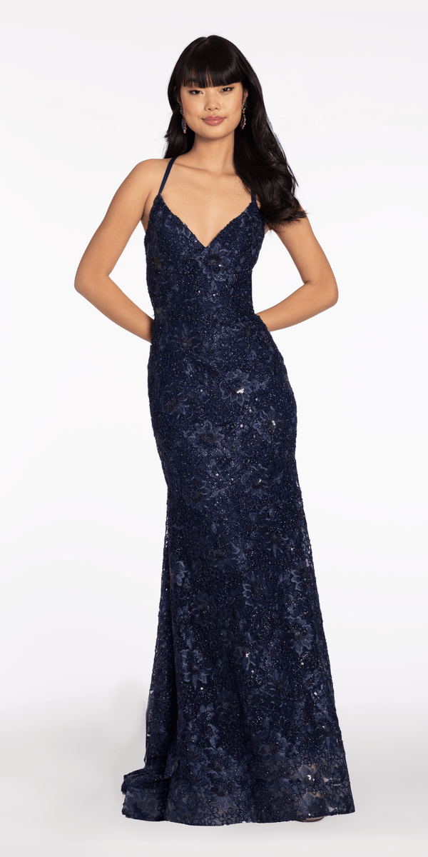 Shop Formal Dress - 3D Floral Embroidered Strappy Back Trumpet Dress with Sweep Train fourth image