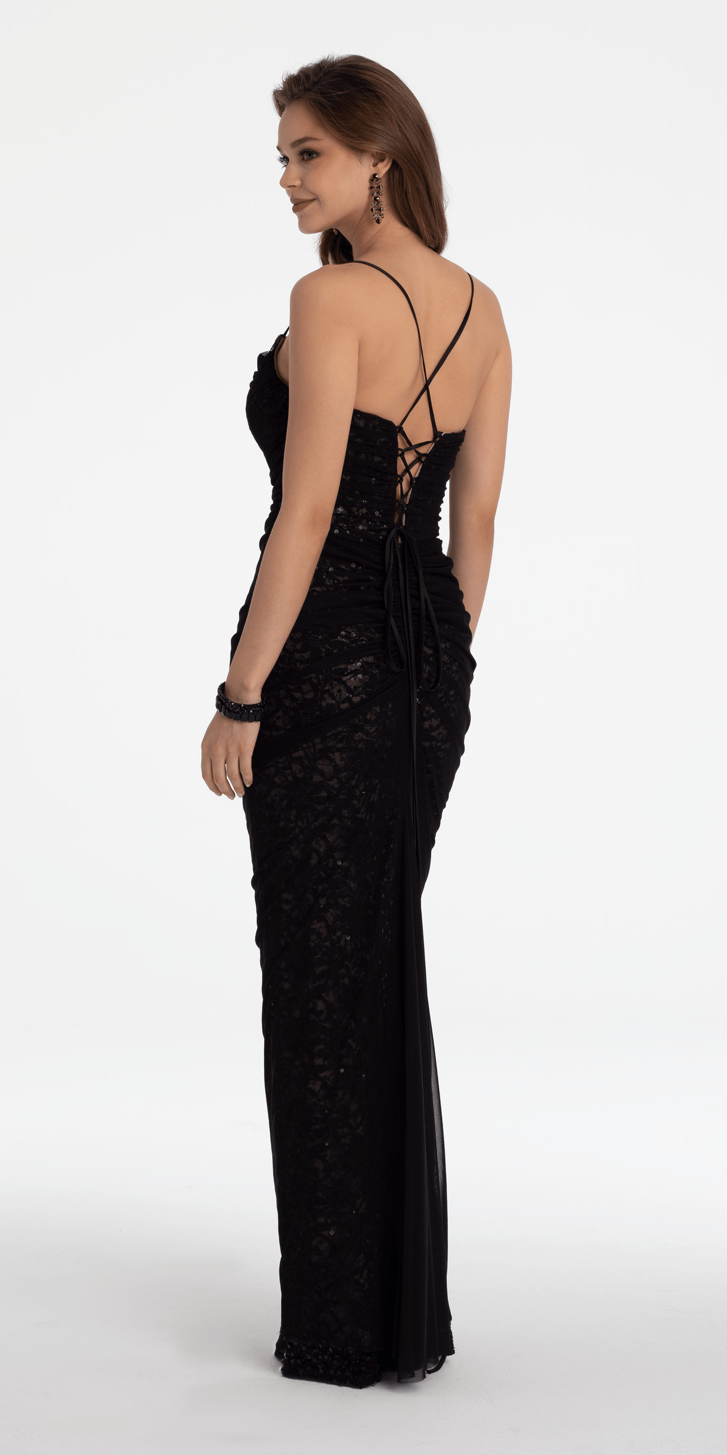 Camille La Vie /Ruched Sequin Lace Up Back Column Dress /missy /size/ 4/ back nude/back