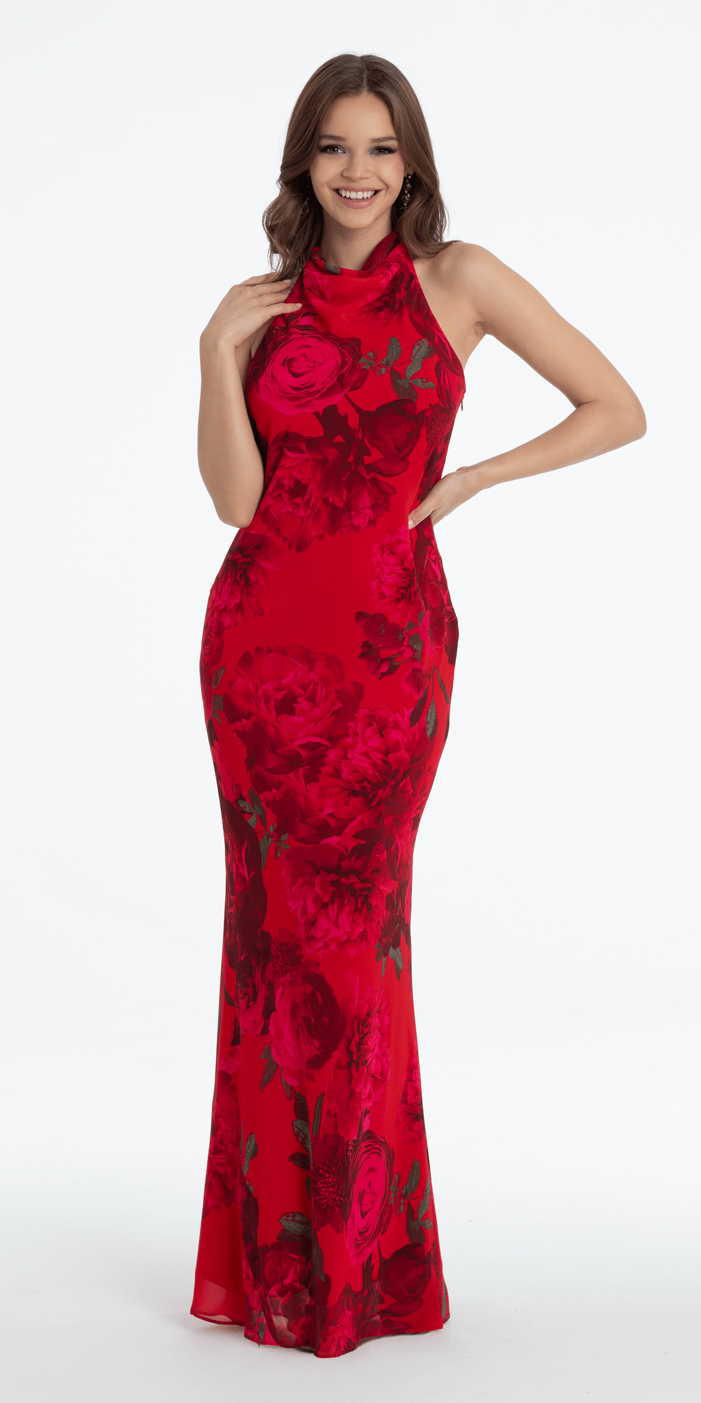 Camille La Vie /Rose Print Cowl Neck Tie Back Halter Column Dress /missy/ size / 0 /red/front alt