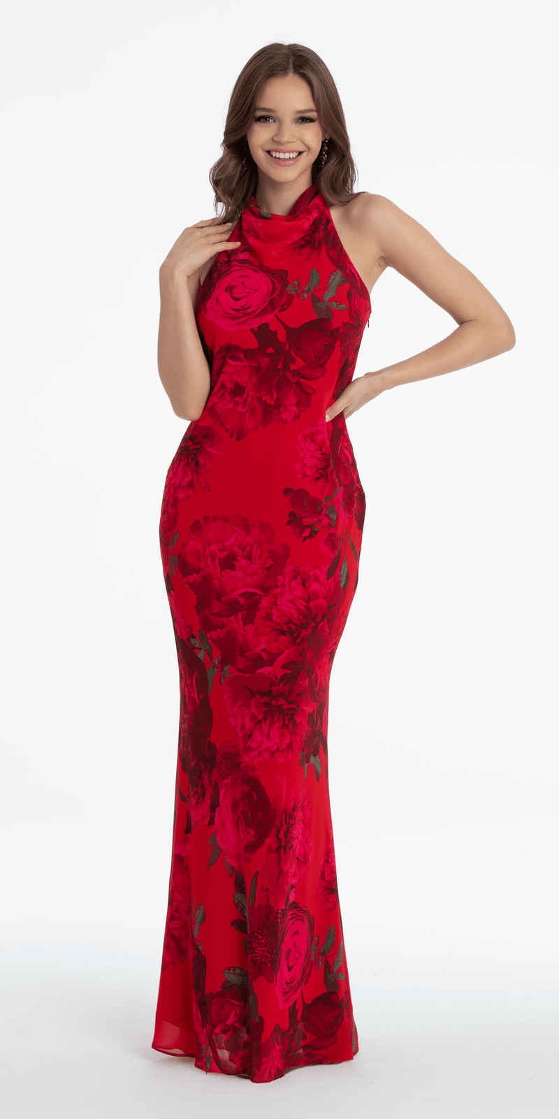 Rose Print Cowl Neck Tie Back Halter Column Dress Image 2