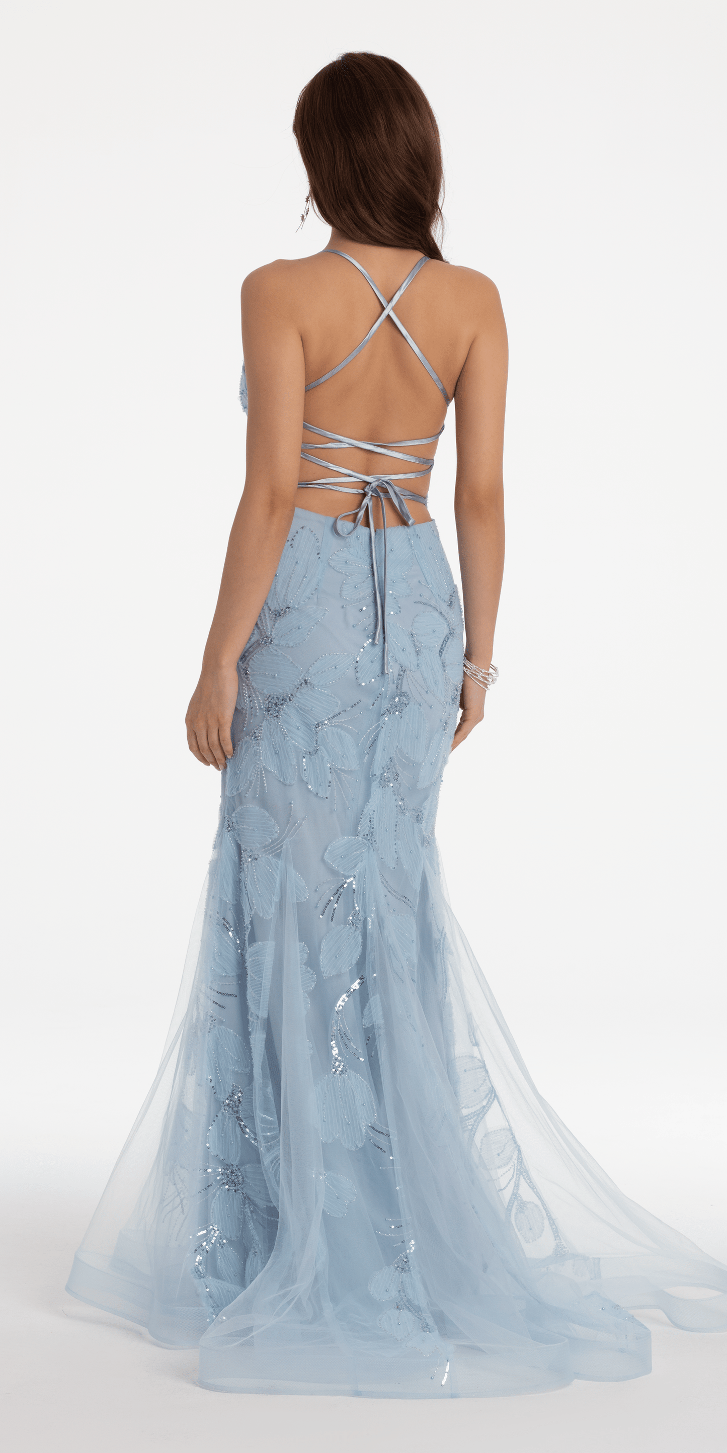 light-blue Size 2 missy Camille La Vie Sequin Floral Mesh Lace Up Back Mermaid Dress