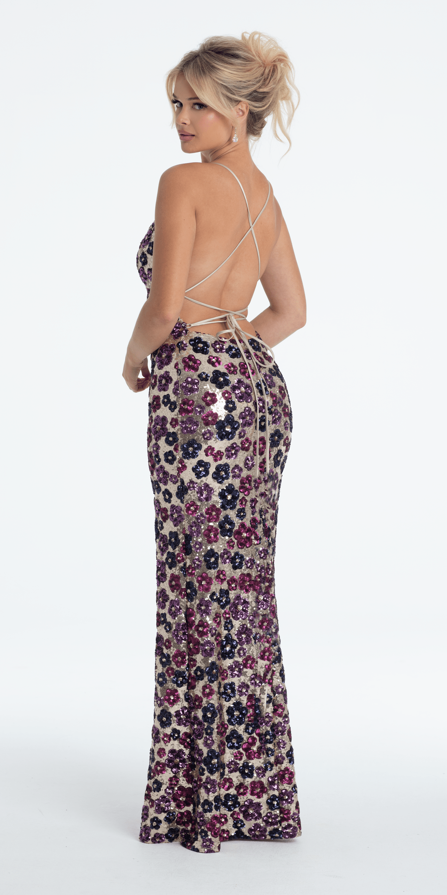 Camille La Vie/ Strappy Back Sequin Daisy Column Dress with Side Slits /missy /size /2 /nude/ back