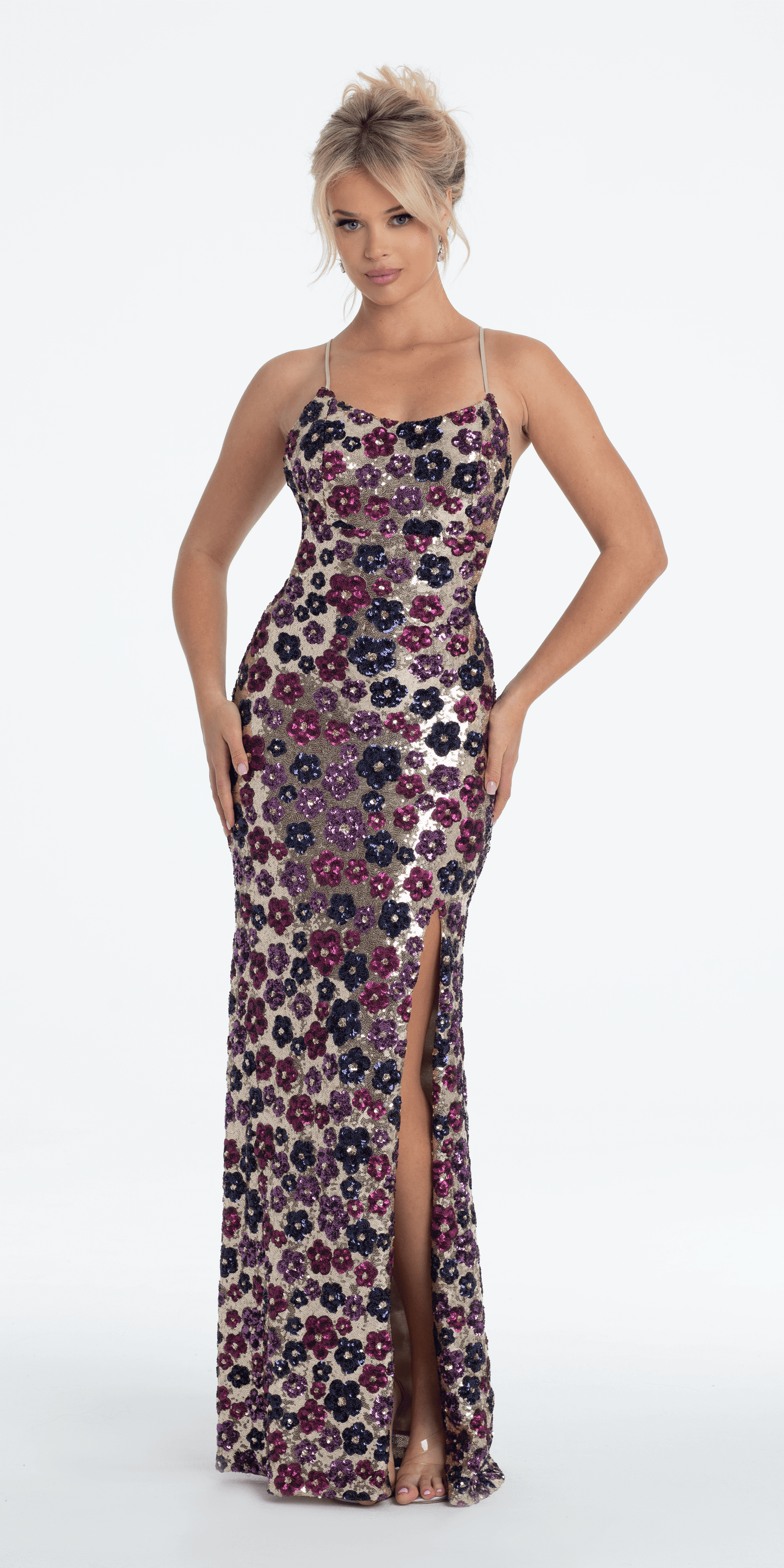 Camille La Vie/ Strappy Back Sequin Daisy Column Dress with Side Slits /missy /size /2 /nude/ front
