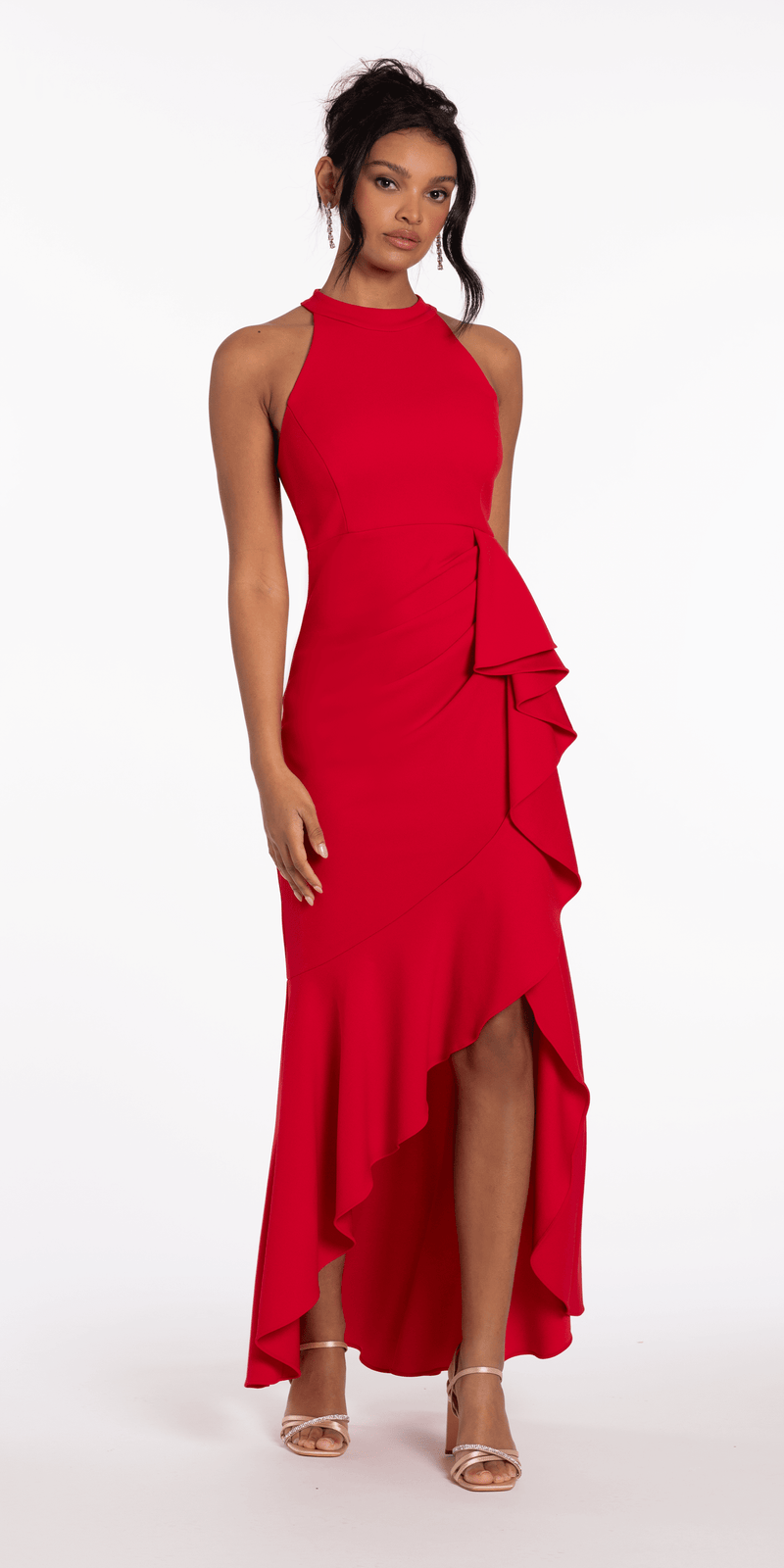 Crepe Racer Back Halter High-Low Dress with Side Cascade Image 4