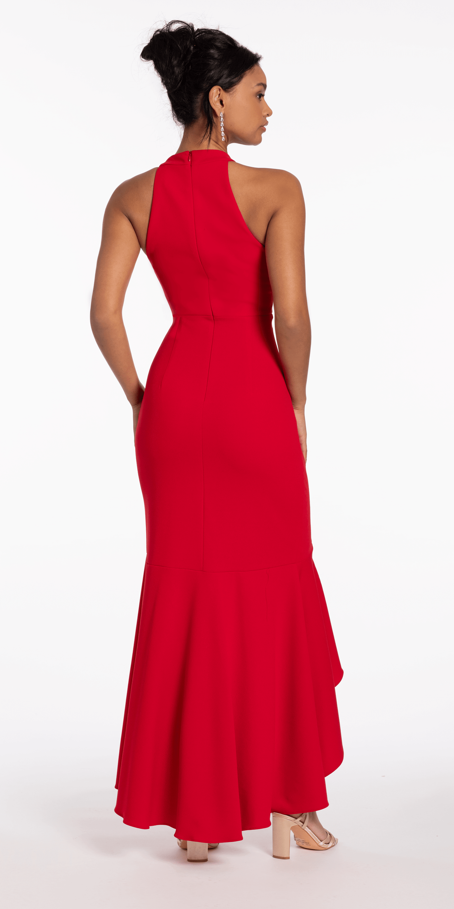 red/size/2/missy/Camille La Vie/Crepe Racer Back Halter High-Low Dress with Side Cascade/back