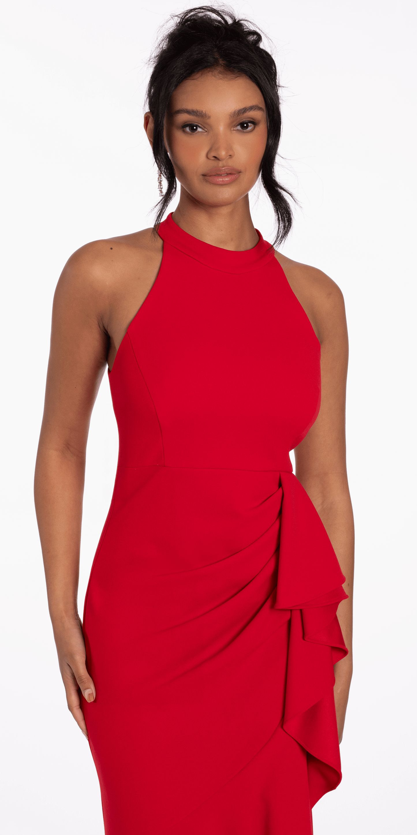 Camille La Vie /Crepe Racer Back Halter High-Low Dress with Side Cascade/ missy/size /4/red/close-up