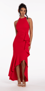Crepe Racer Back Halter High-Low Dress with Side Cascade Image 1