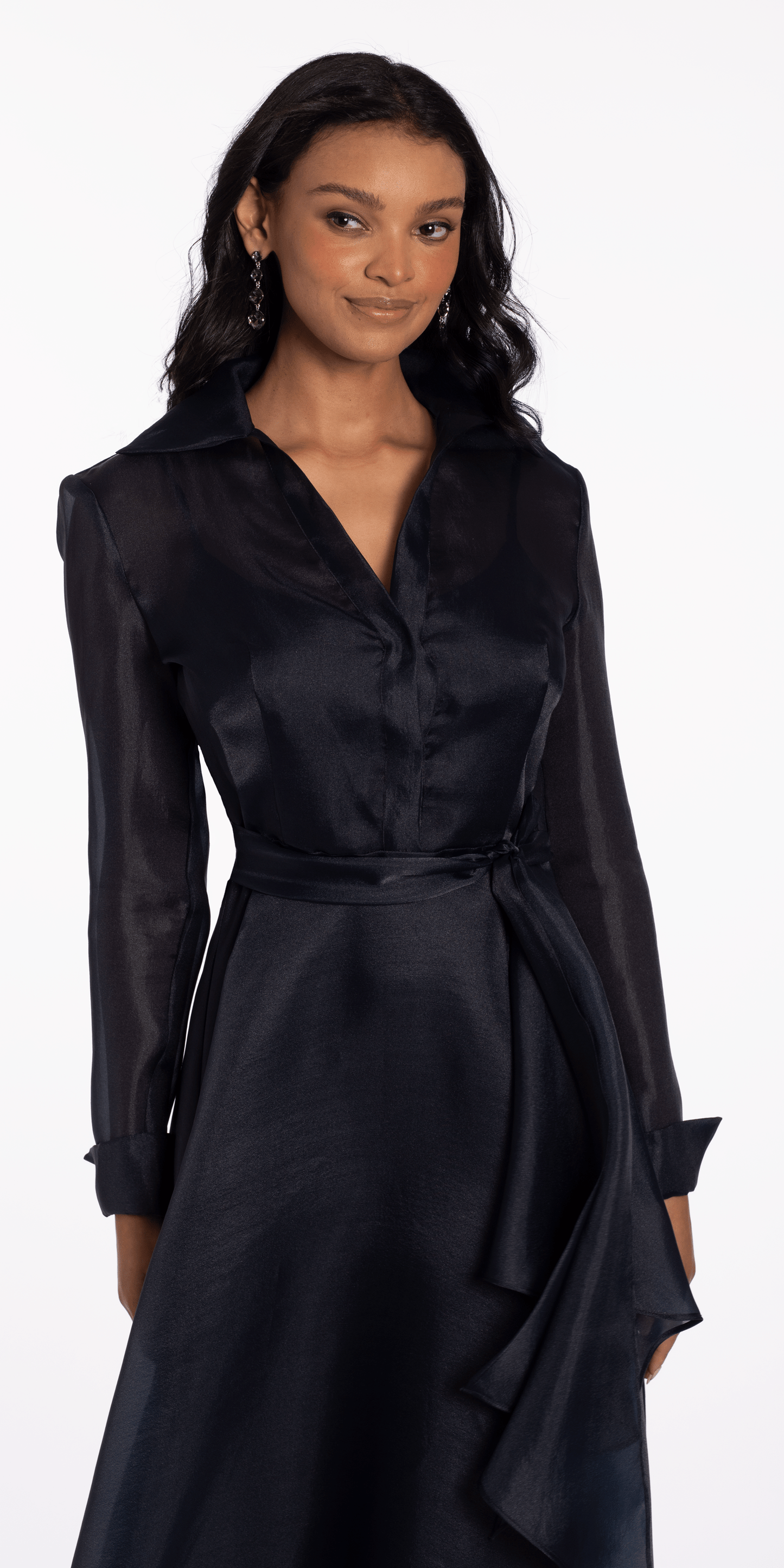 Camille La Vie Organza Long Sleeve V Neck A Line Dress with Bow