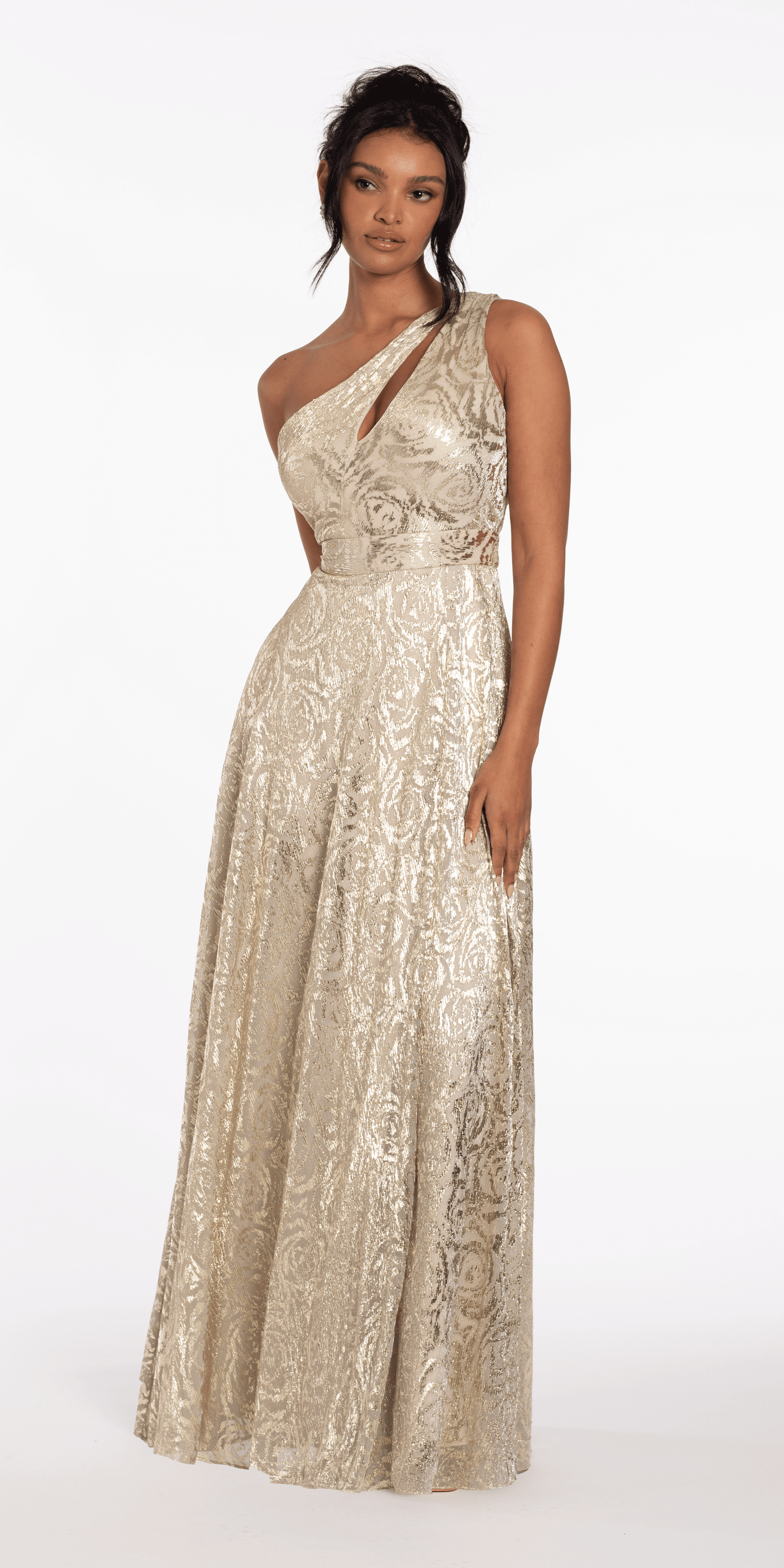Camille La Vie /Foil Jacquard One Shoulder A Line Dress with Keyhole / missy/ Size/ 2 / champagne/ front alt 2