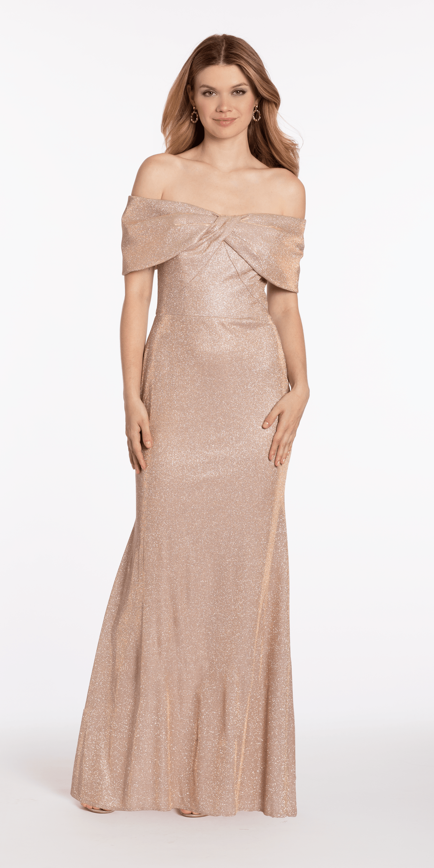 Camille La Vie /Shimmer Two Tone Off the Shoulder Bow Trumpet Dress /missy /size// 4 / white-gold/front