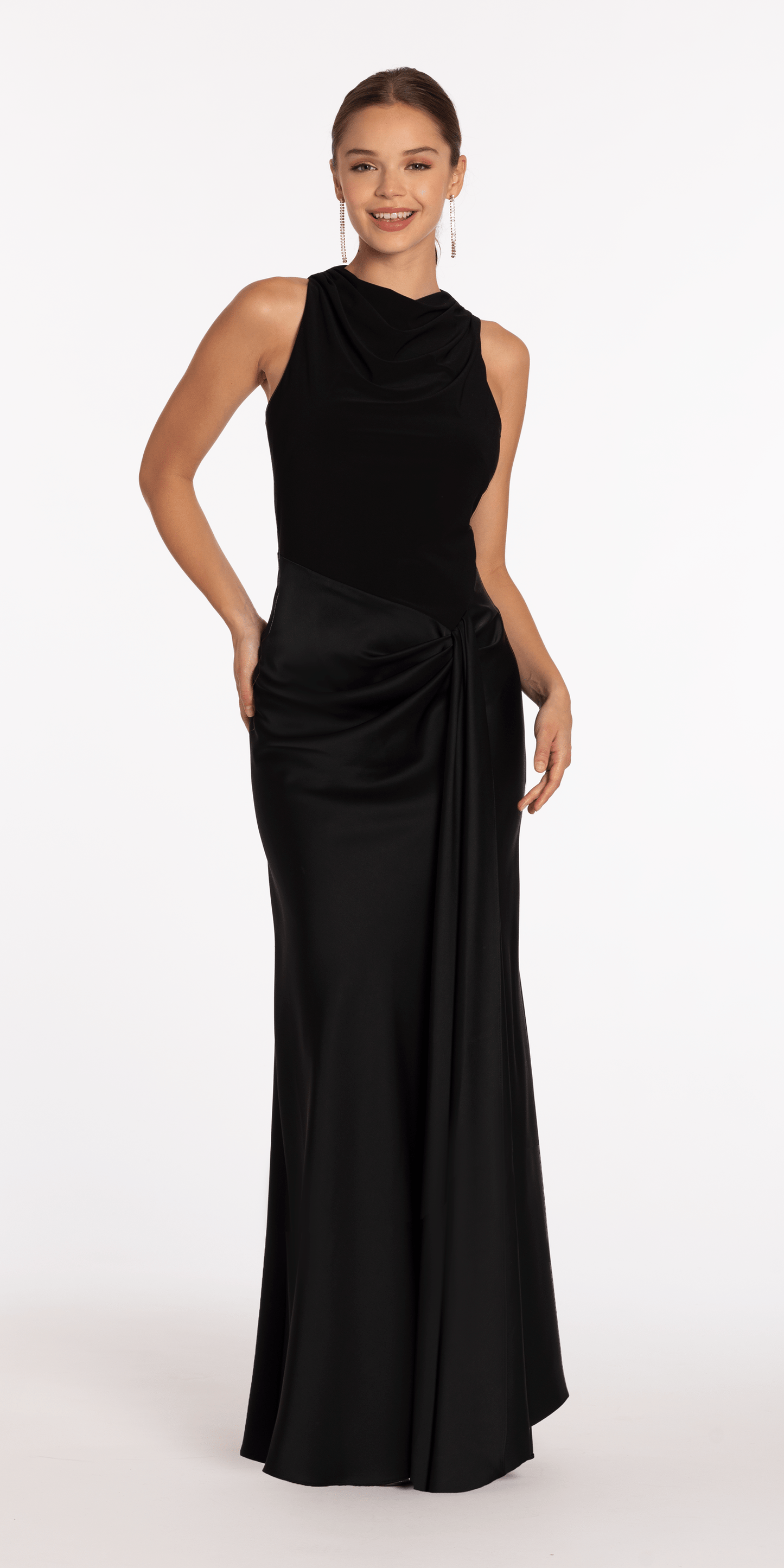 Camille La Vie Drape Neck Jersey and Satin Column Dress with Side Sash