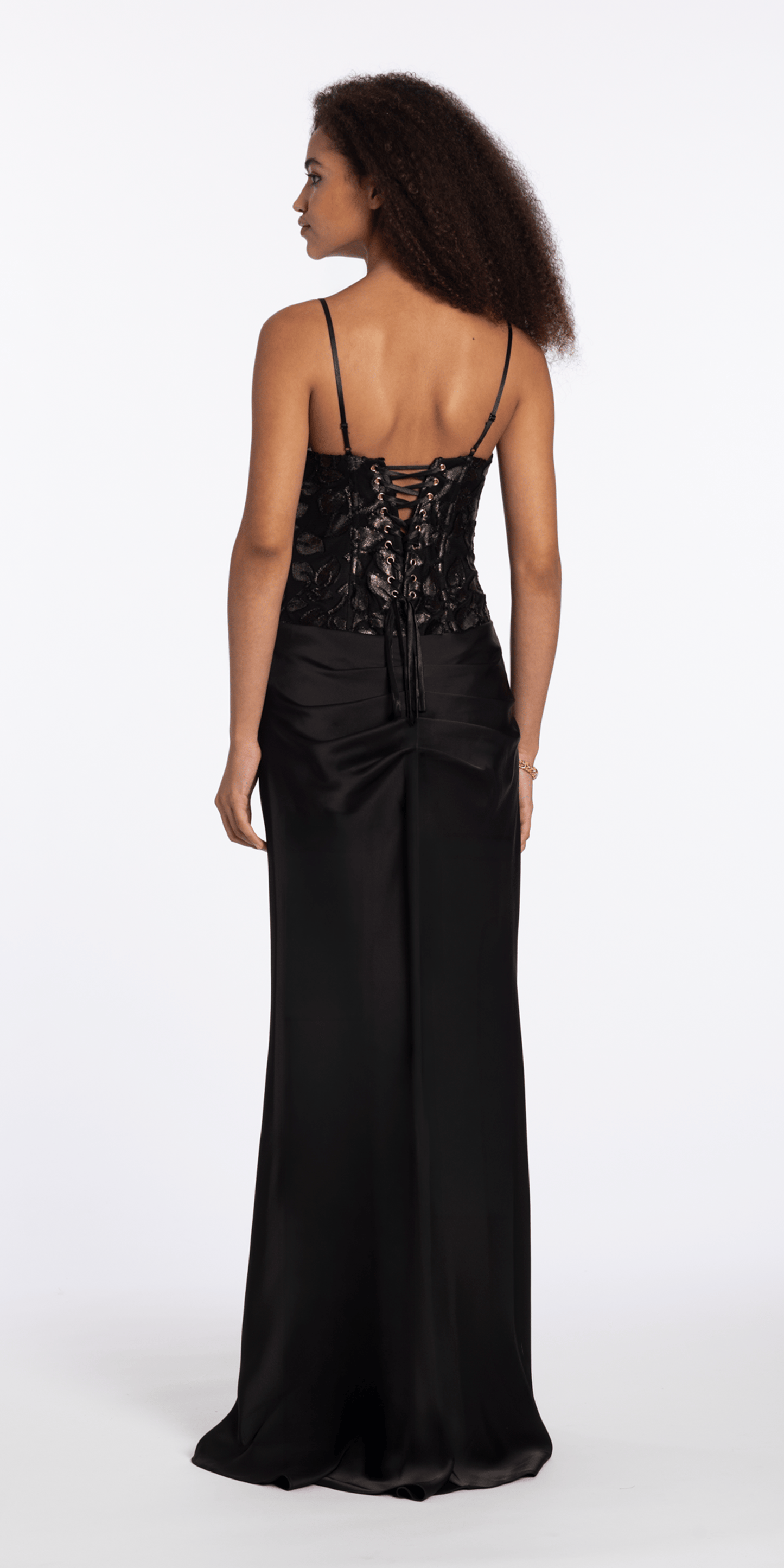 black-nude/size/4/missy//Camille La Vie Strapless Burnout Corset Lace Up Back Satin Column Dress/back