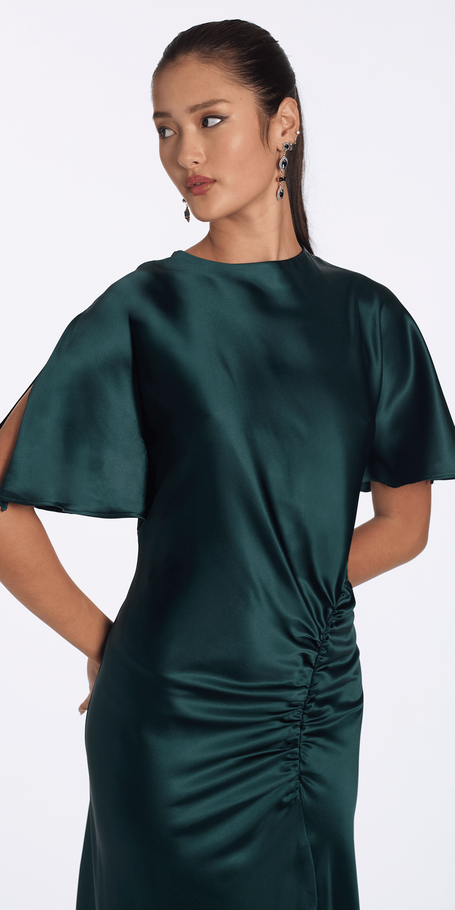 pine-green/size/4/missy/Camille La Vie/Satin Jewel Neck Flutter Sleeve Column Dress with Side Slit/close up