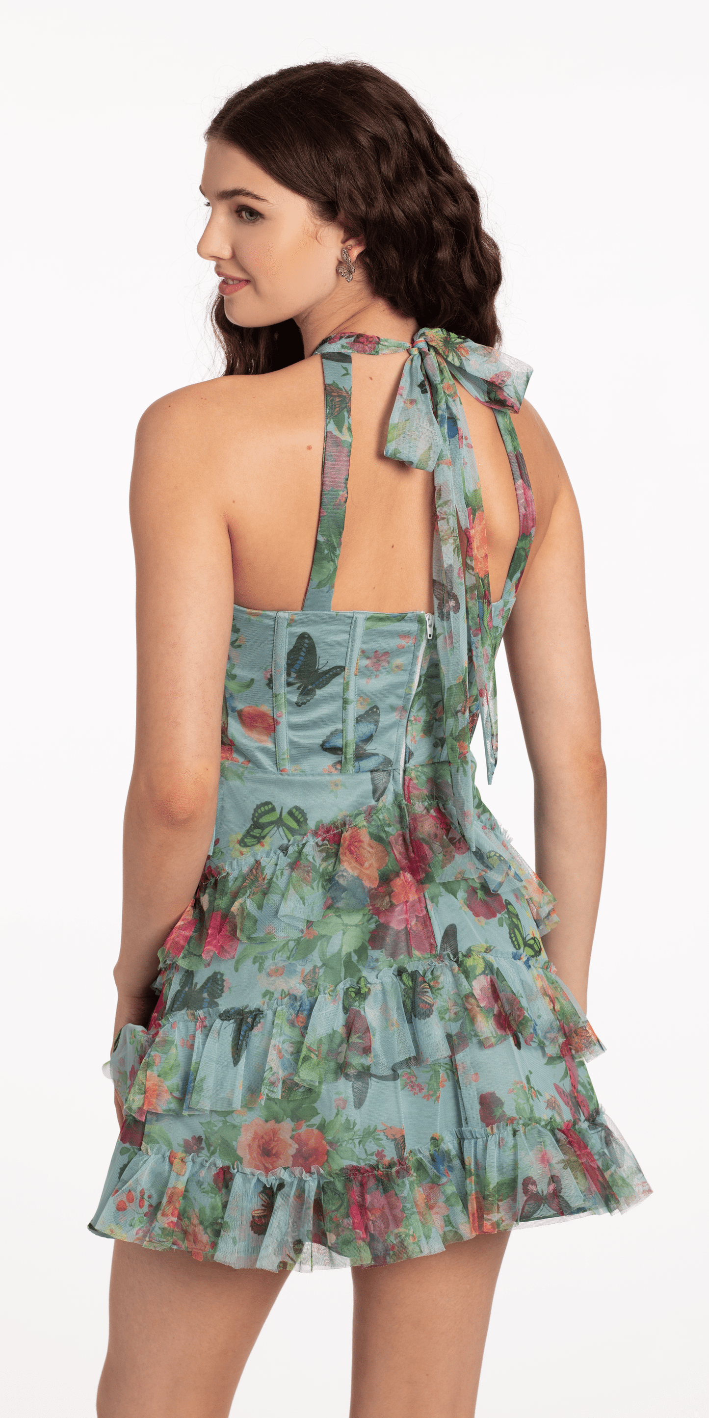 sage /Size 0/ junior/Camille La Vie/ Print Mesh Halter Dress/back