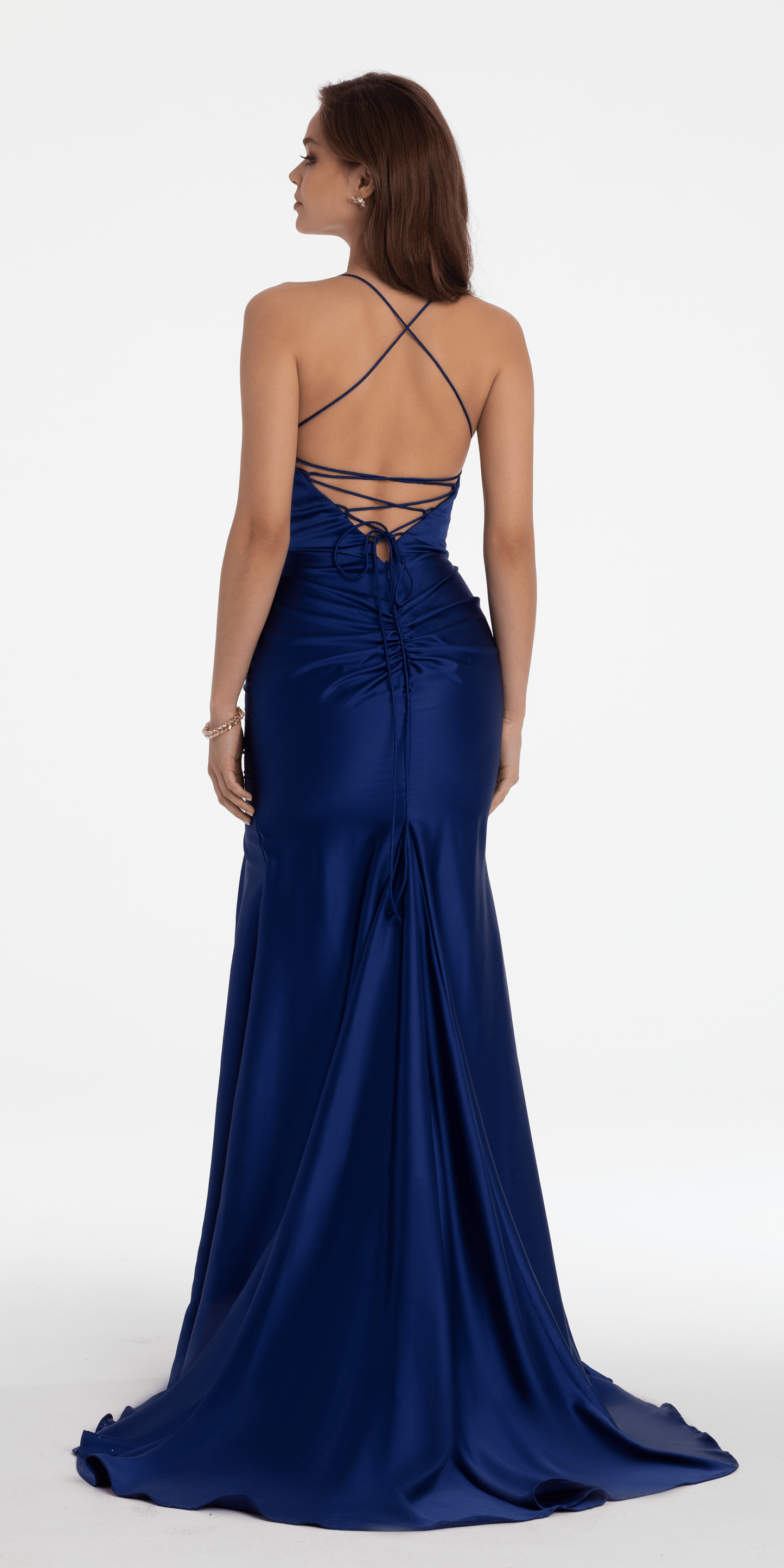 blue Size 2 missy Camille La Vie Satin Pleated Lace Up Back Trumpet Dress with Shawl