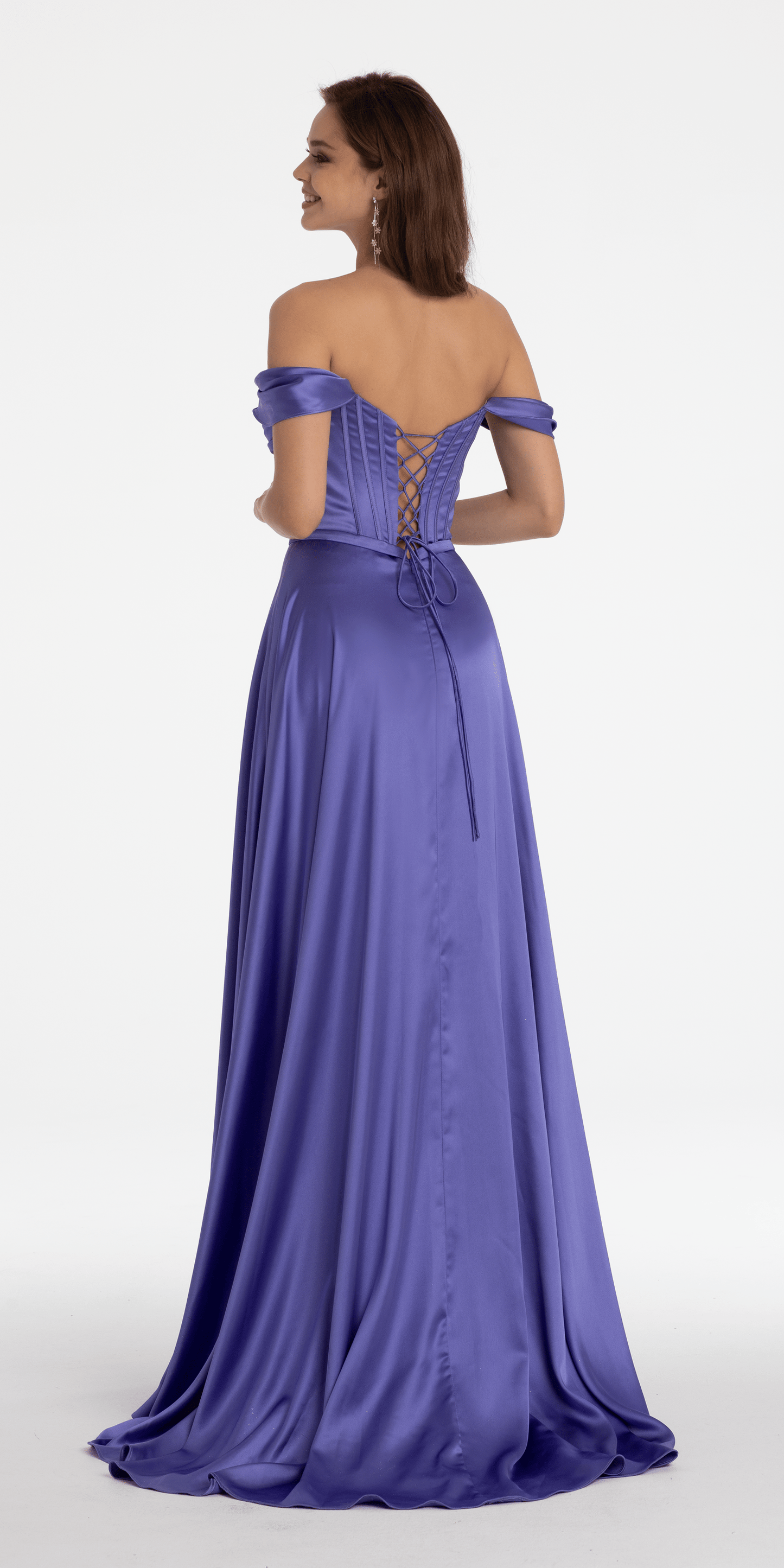 Camille La Vie /Satin Off the Shoulder Corset Ballgown with Rhinestone Edging/missy/size/2/lavendar/back