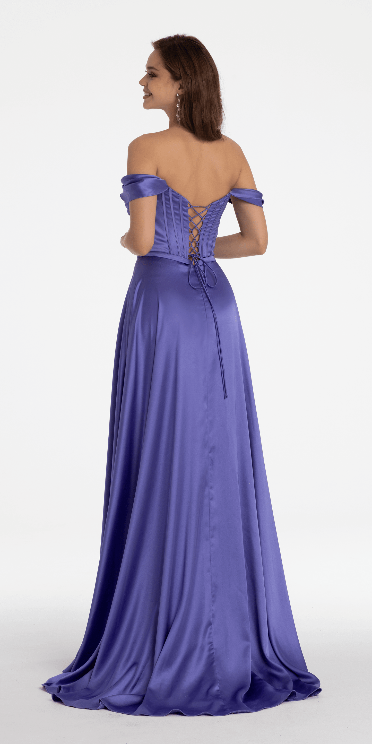 lavendar/size/0missy/Camille La Vie/Satin Off the Shoulder Corset Ballgown with Rhinestone Edging/back