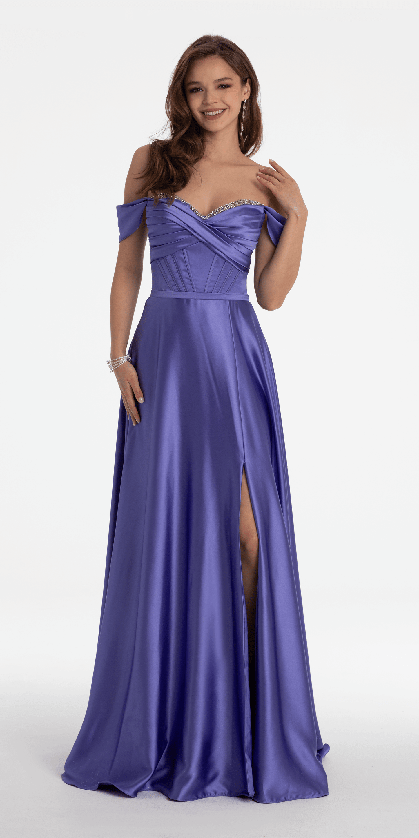 Camille La Vie /Satin Off the Shoulder Corset Ballgown with Rhinestone Edging/missy/size/2/lavendar/front