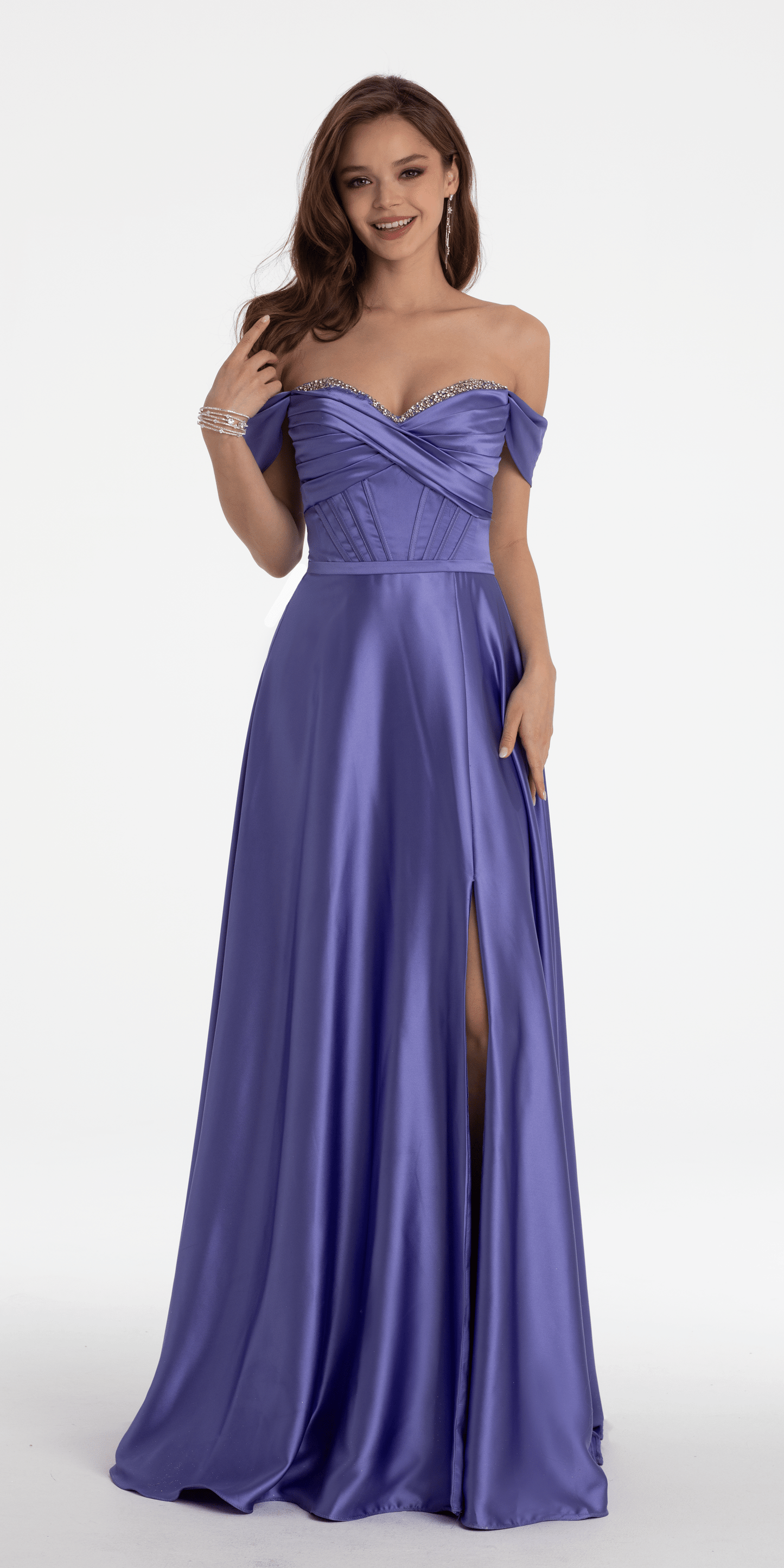 Camille La Vie /Satin Off the Shoulder Corset Ballgown with Rhinestone Edging/missy/size/2/lavender/front alt