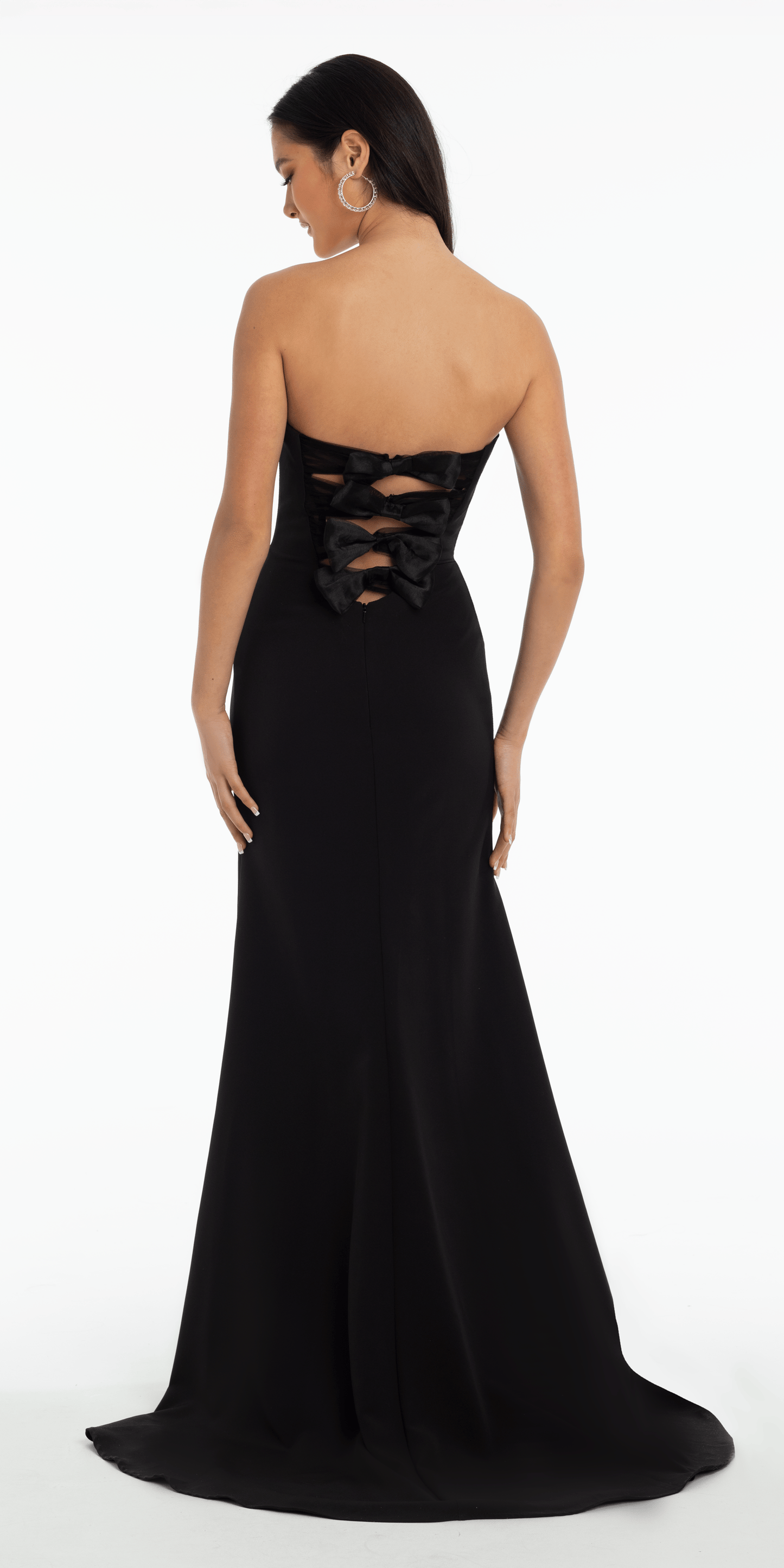 black/ size/0/missy/Camille La Vie Strapless Crepe Trumpet Dress with Organza Bow Back and Shawl/back