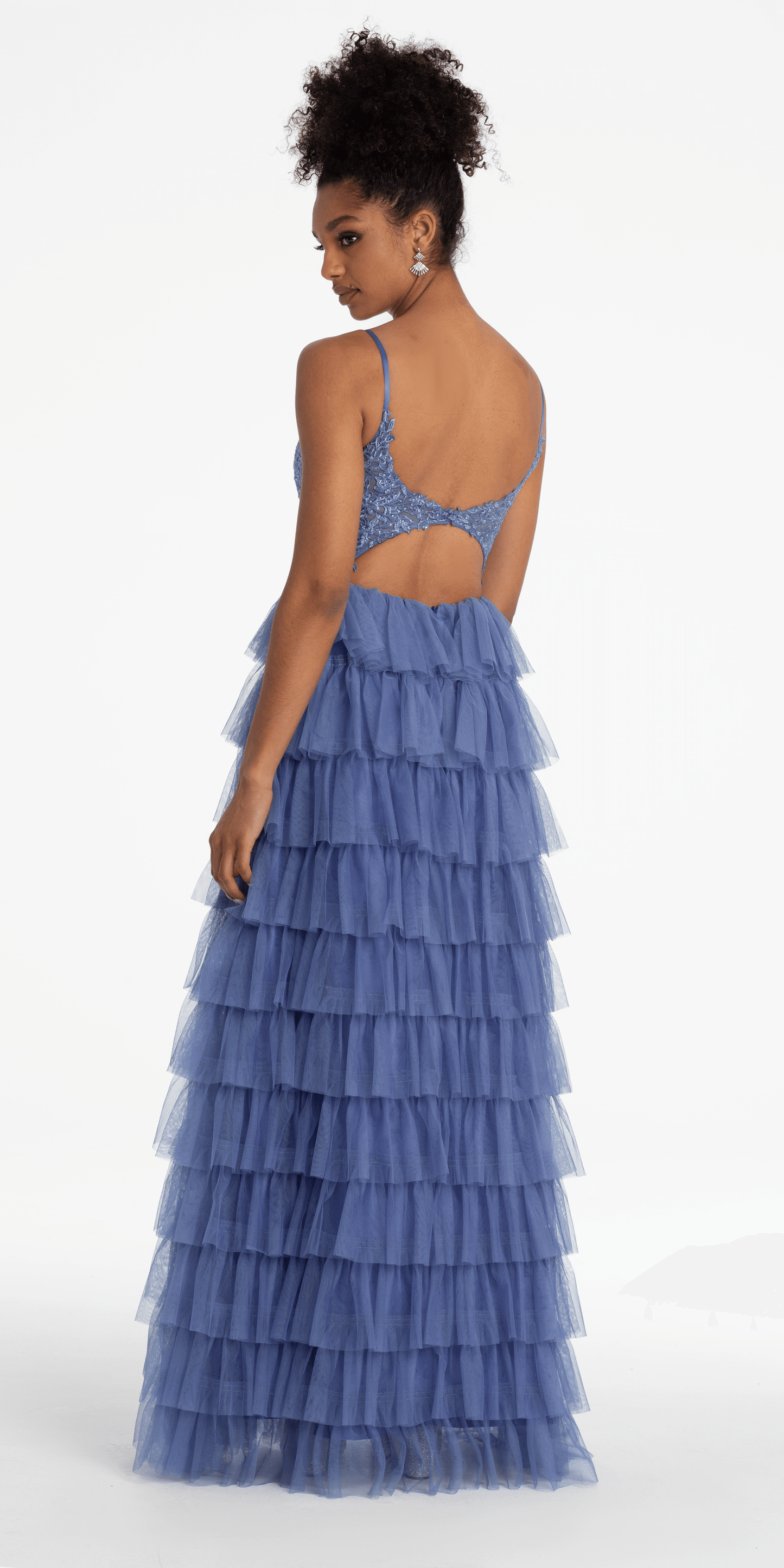 dusty-blue Size 0 missy Camille La Vie Mesh Tiered Corset Keyhole Back Ballgown