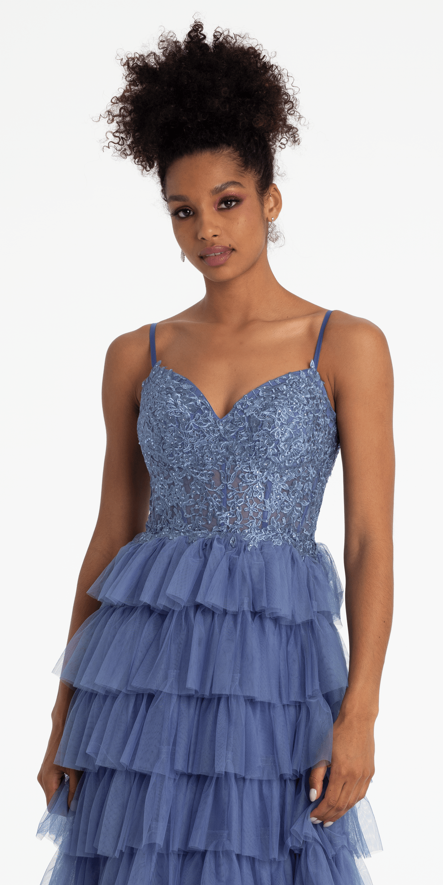 dusty-blue Size 4 missy Camille La Vie Mesh Tiered Corset Keyhole Back Ballgown