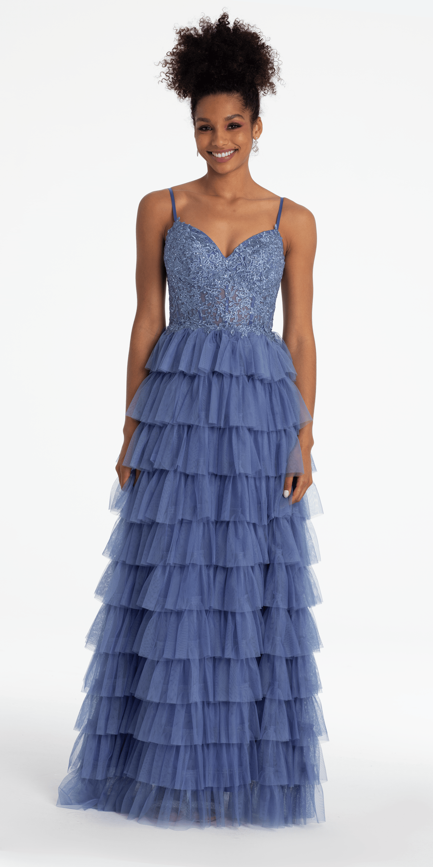 dusty-blue Size 0 missy Camille La Vie Mesh Tiered Corset Keyhole Back Ballgown