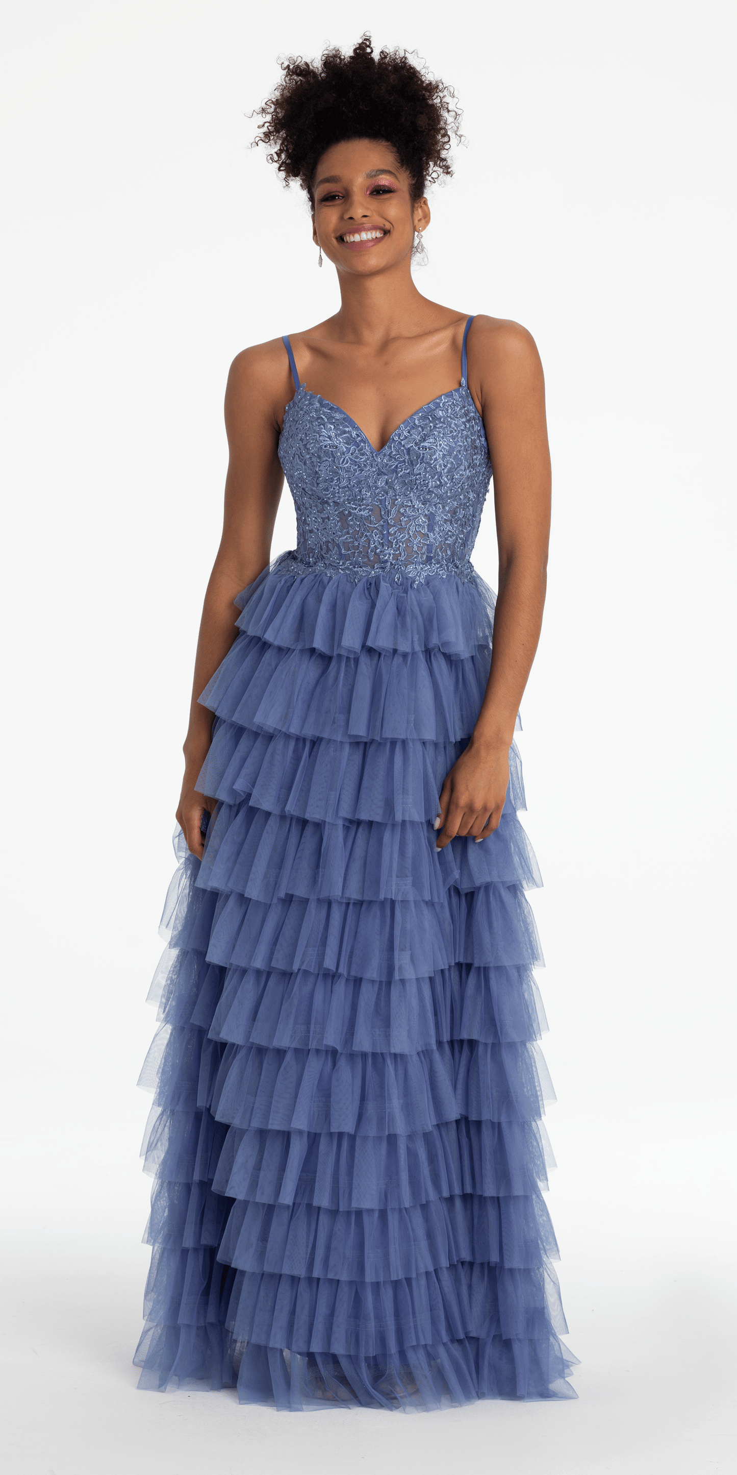 dusty-blue Size 0 missy Camille La Vie Mesh Tiered Corset Keyhole Back Ballgown
