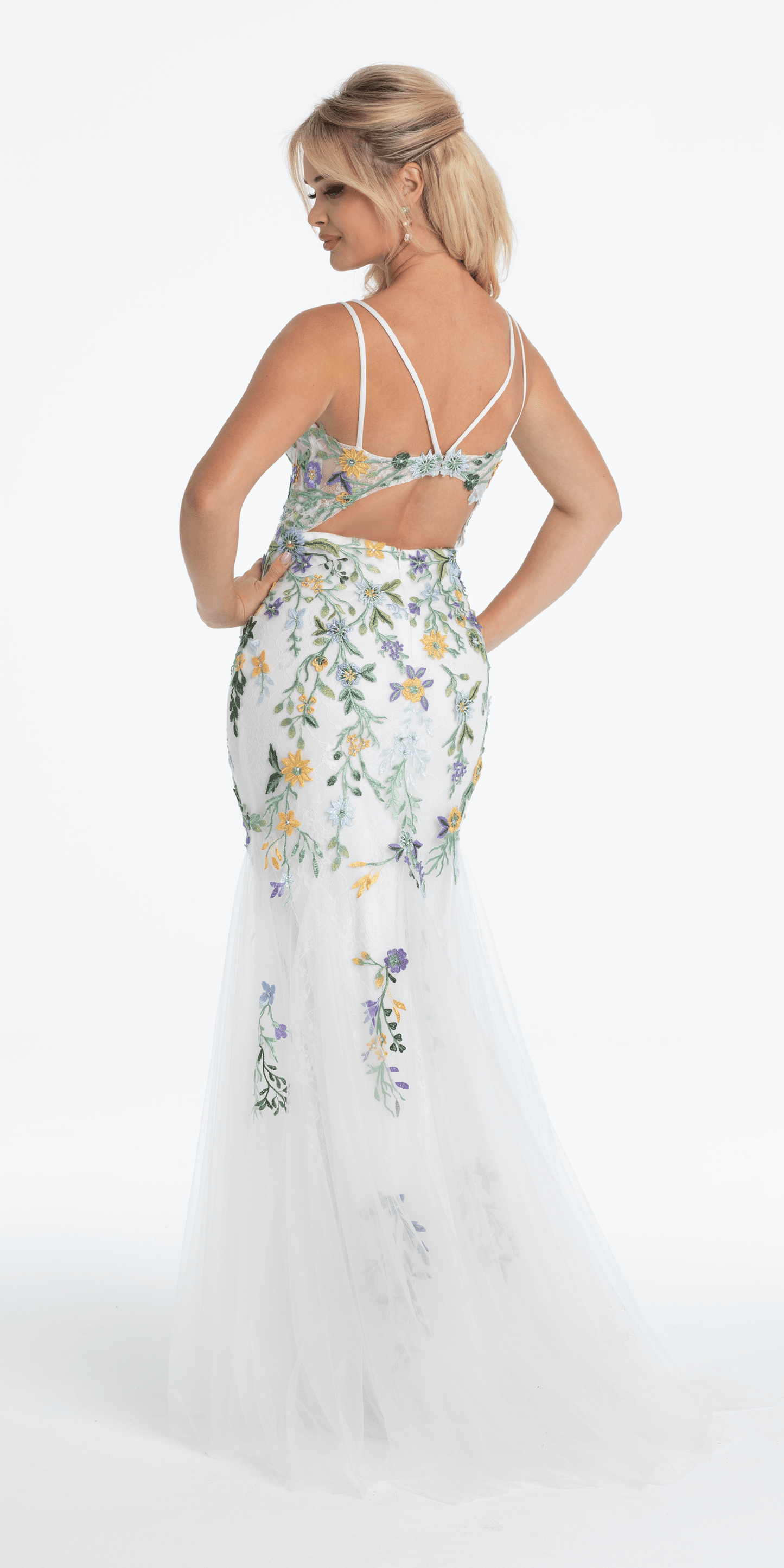 white Size 0 missy Camille La Vie Floral Embroidered Mesh Corset Keyhole Mermaid Dress with Shawl