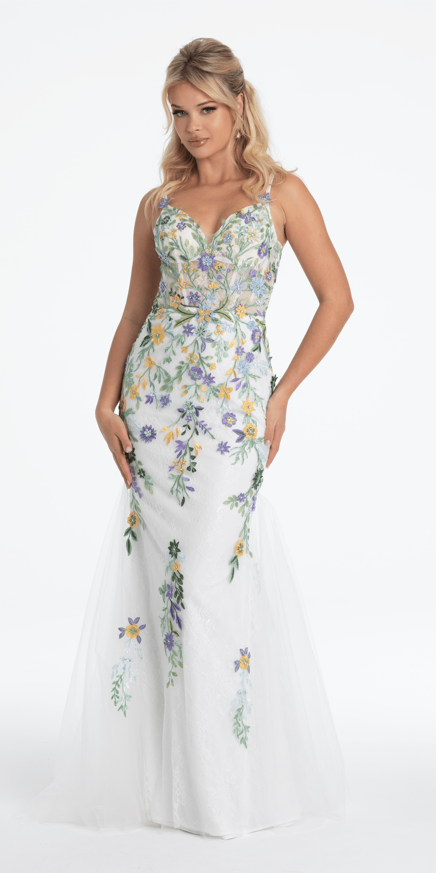 white Size 0 missy Camille La Vie Floral Embroidered Mesh Corset Keyhole Mermaid Dress with Shawl