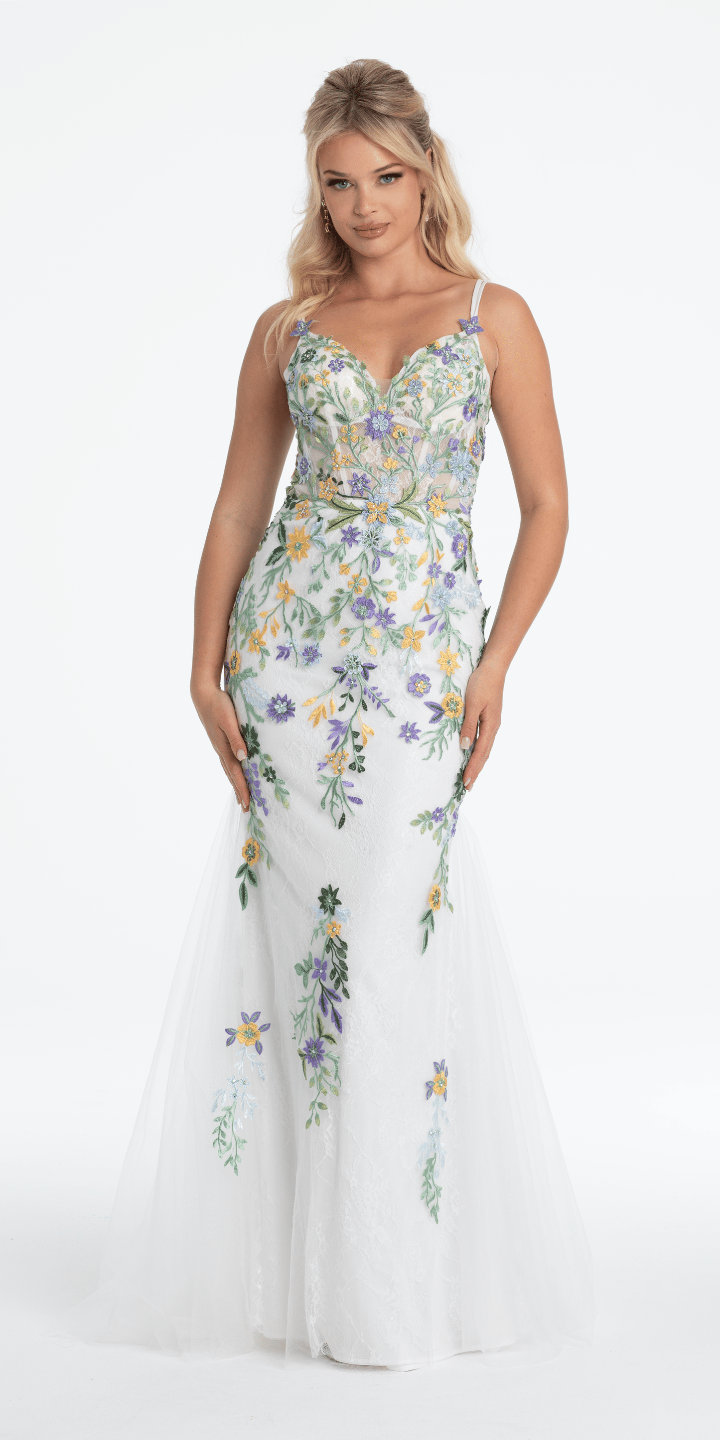 white Size 0 missy Camille La Vie Floral Embroidered Mesh Corset Keyhole Mermaid Dress with Shawl