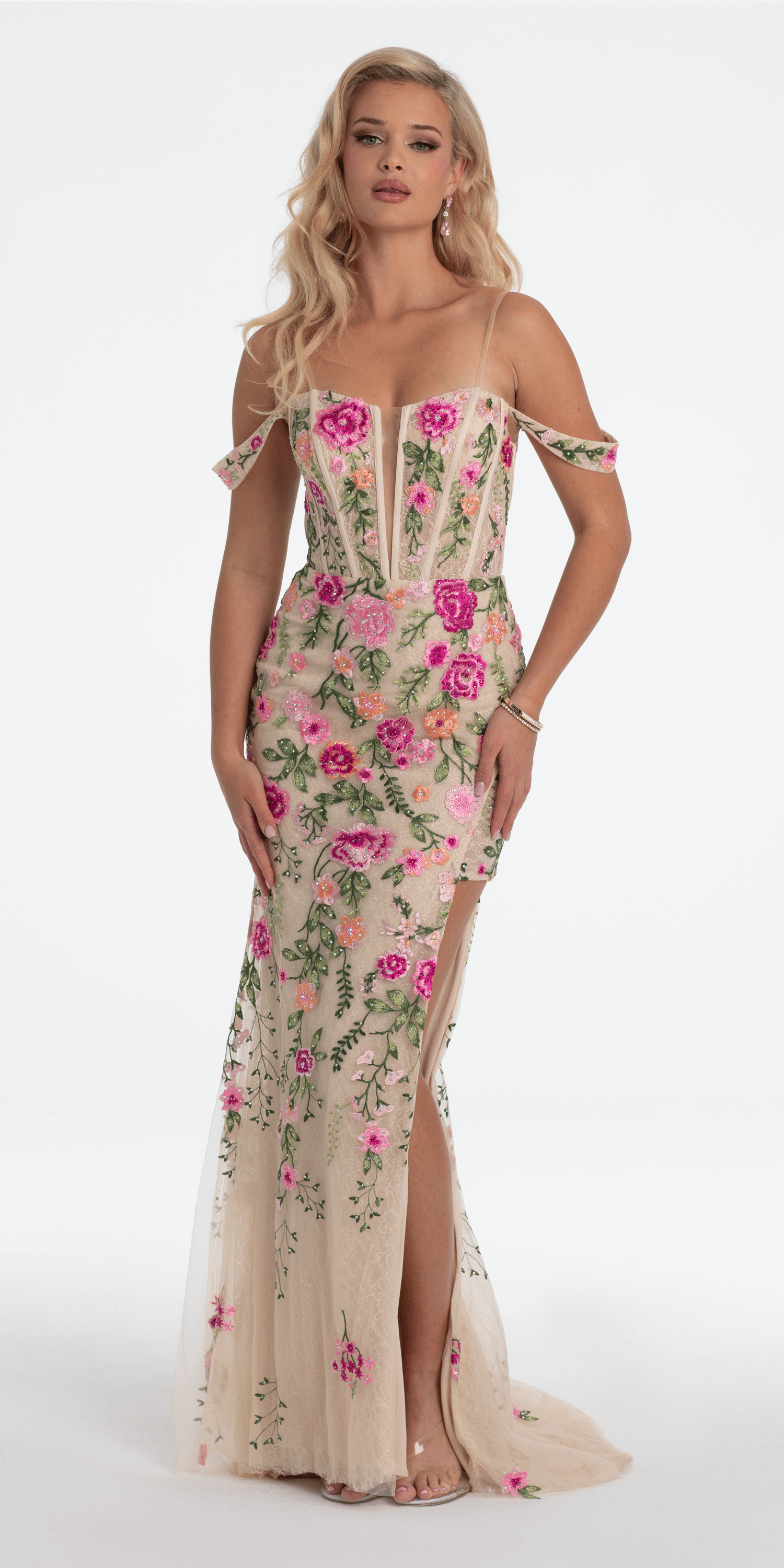 Off the Shoulder Floral Embroidered Column Dress missy / 6 / fuchsia